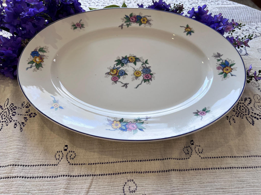 Antique Bernardaud Limoges Oval Platter - B Co France - Floral Wreath & Blue Rim  C. 1900