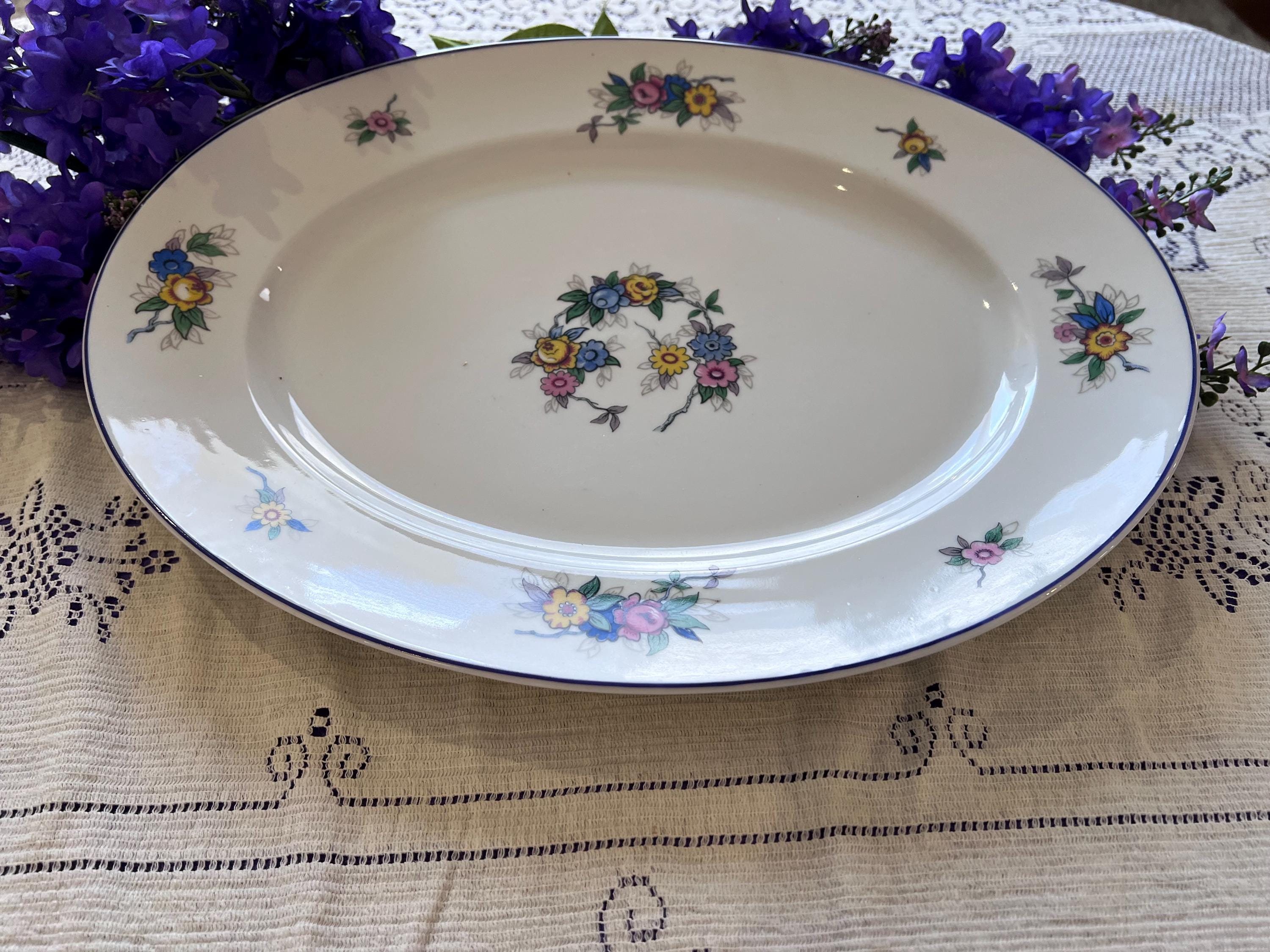 Antique Bernardaud Limoges Oval Platter - B Co France - Floral Wreath & Blue Rim  C. 1900