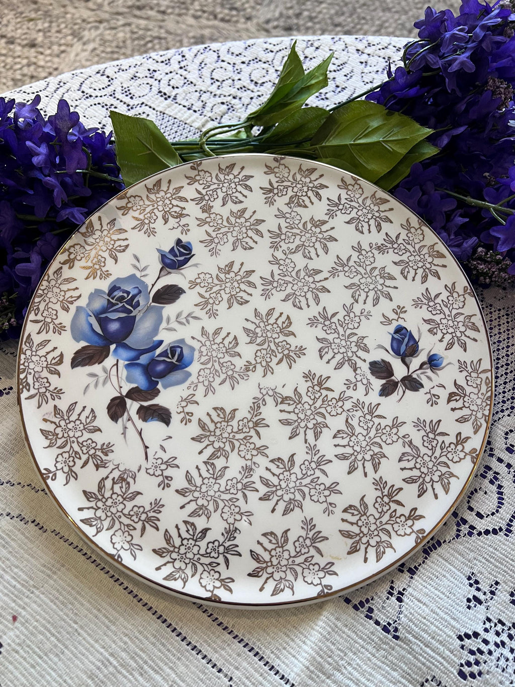 Vintage H. Aynsley Blue Rose Chintz Cake Plate Server Set | Staffordshire England 1950s