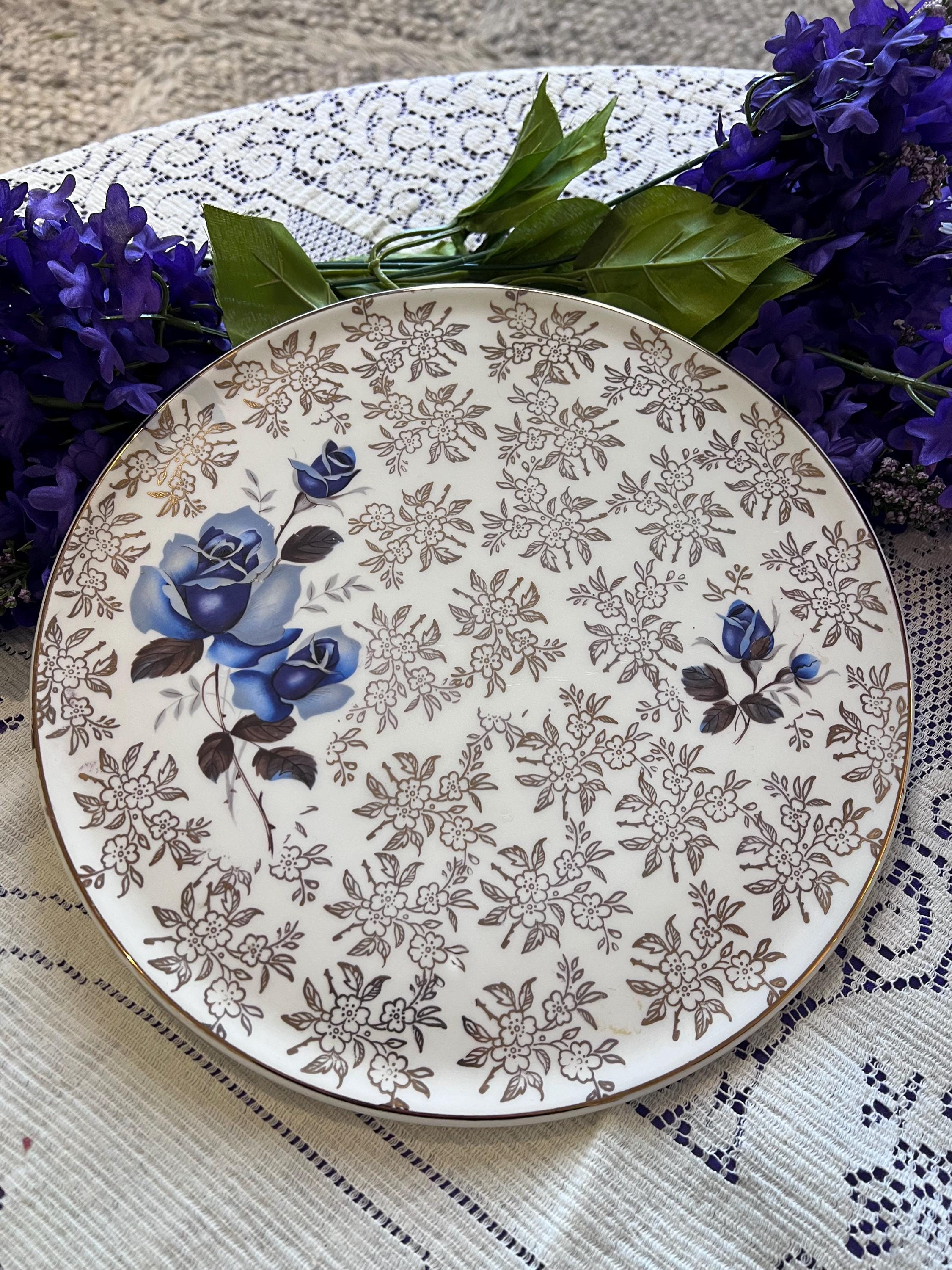 Vintage H. Aynsley Blue Rose Chintz Cake Plate Server Set | Staffordshire England 1950s