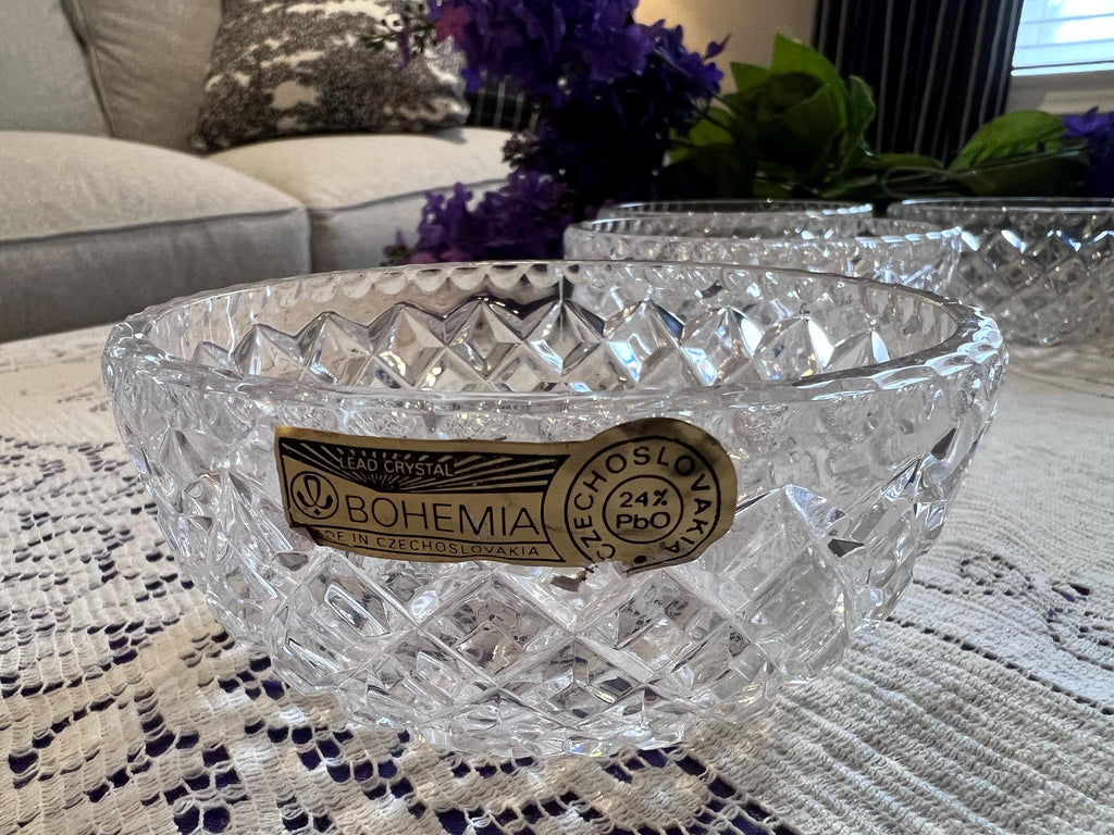 Bohemia Crystal Dessert Bowls – Diamond Cut Lead Crystal Set (Czechoslovakia)