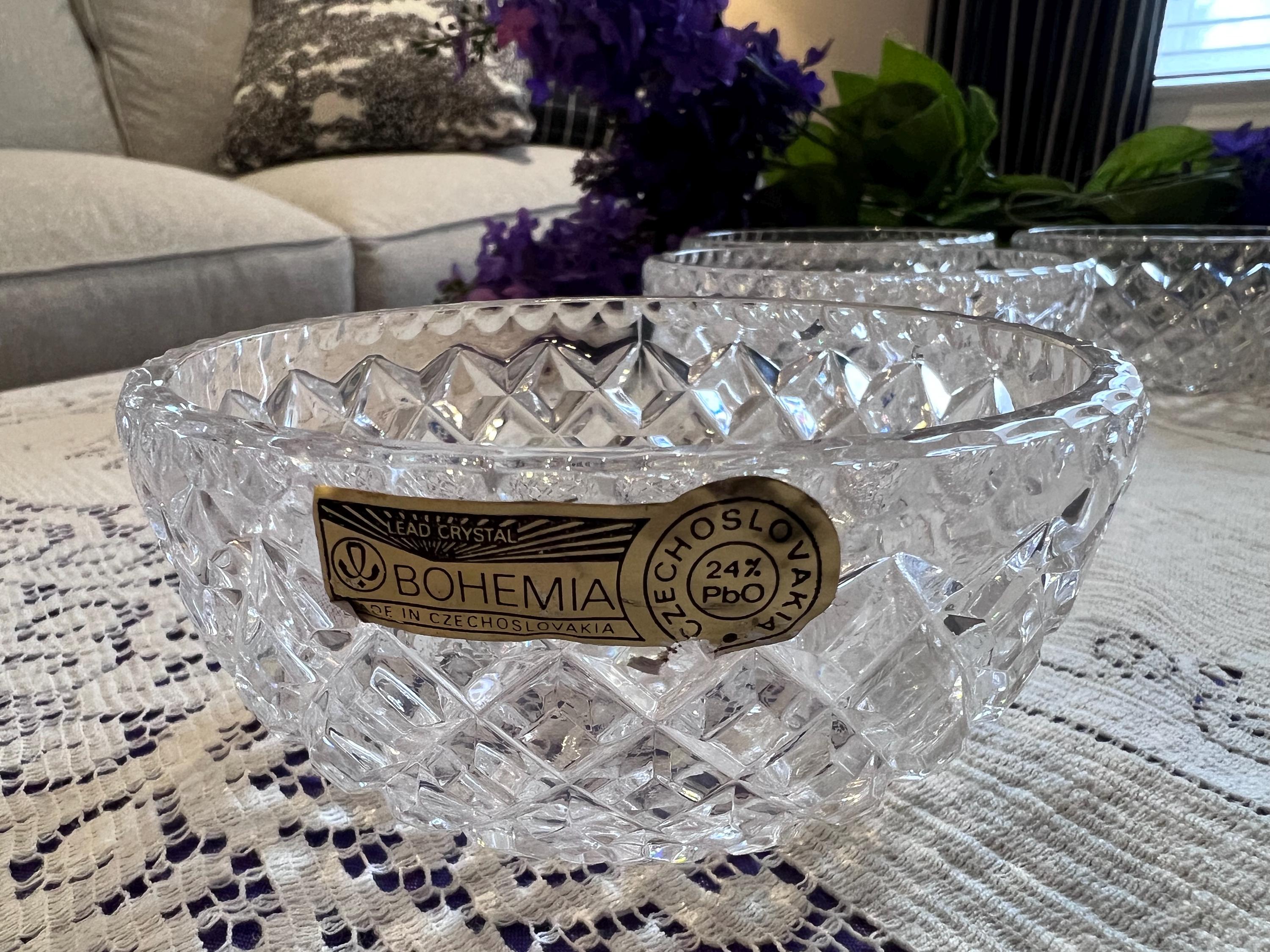 Bohemia Crystal Dessert Bowls – Diamond Cut Lead Crystal Set (Czechoslovakia)