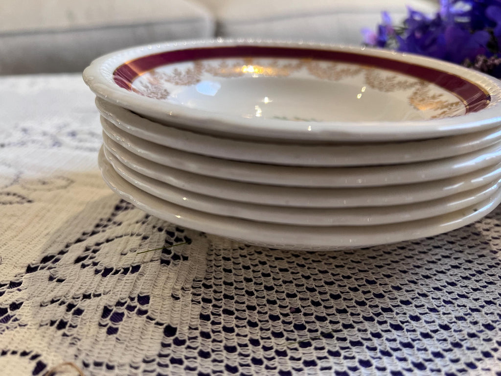 Set of 6 Vintage Swinnertons Majestic Vellum Berry Bowls – Maroon Gold Filigree Nappies