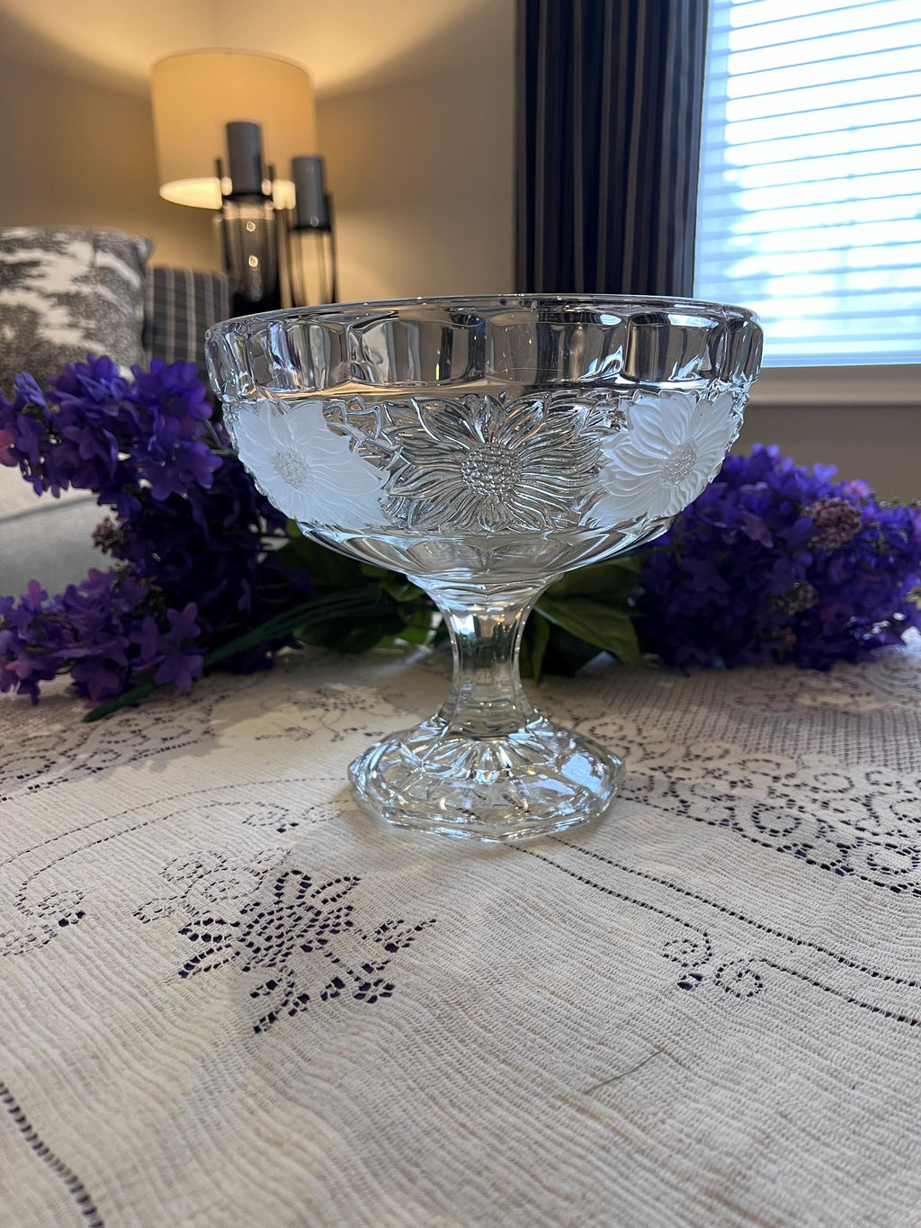 Vintage Walther Glas Erika Frosted Floral Footed Bowl | German Art Glass Pedestal Centerpiece