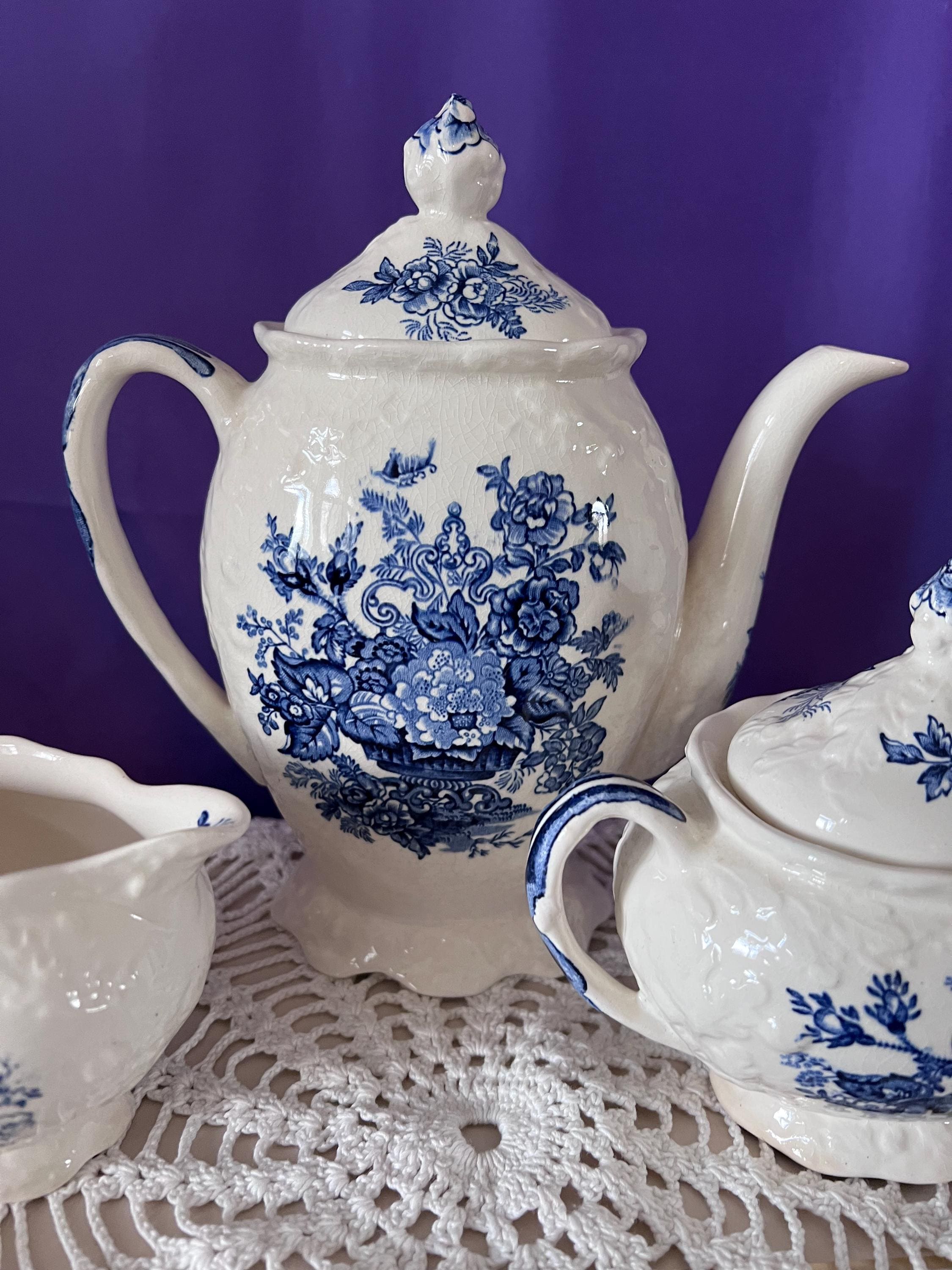Vintage Mason’s "Ascot on Oak" Blue Transferware Tea Set - Teapot, Creamer, Sugar Bowl, and 6 Cup/Saucer Sets - Made in England
