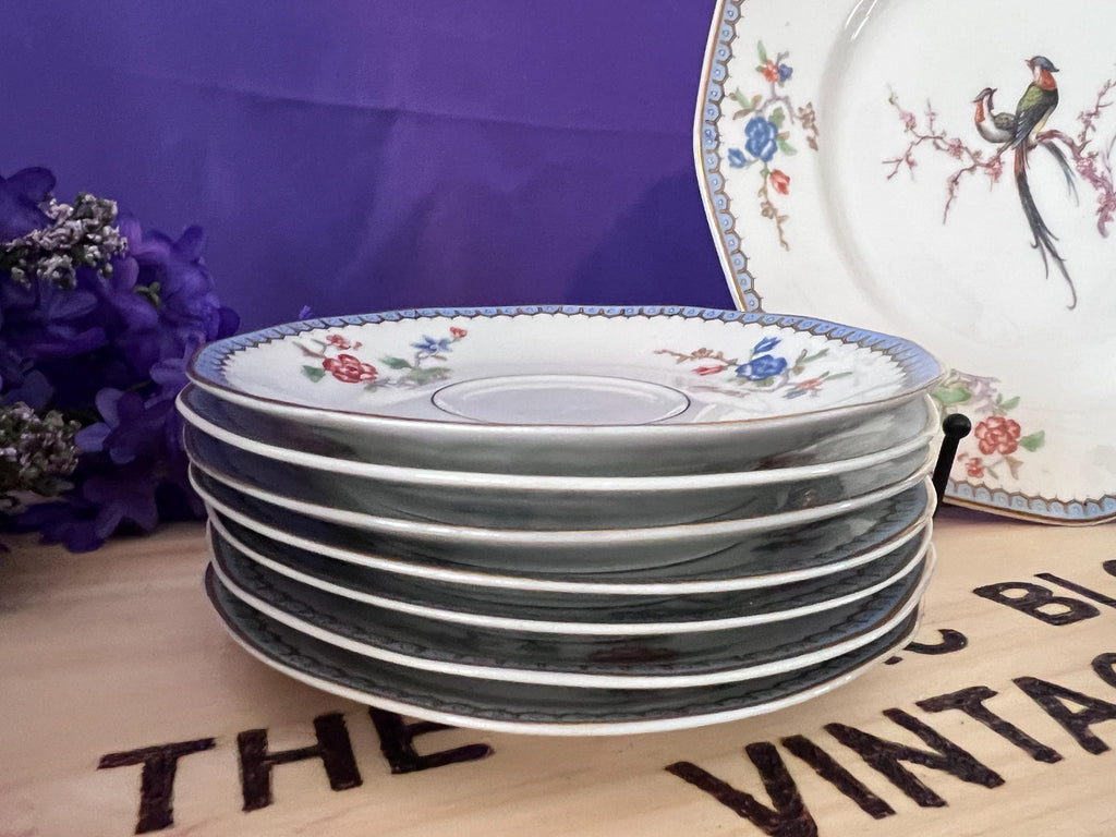 Theodore Haviland Limoges Paradise Replacement China, Bird of Paradise Salad & Dinner Plate, Blue Gold Scalloped Saucer, Fruit Nappy Bowl