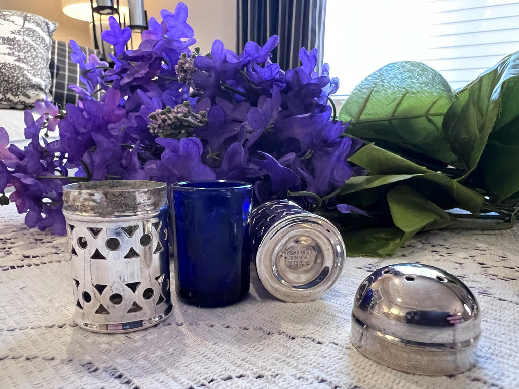 Vintage Cobalt Blue & Silver-Plated Salt Shakers – Set of 4