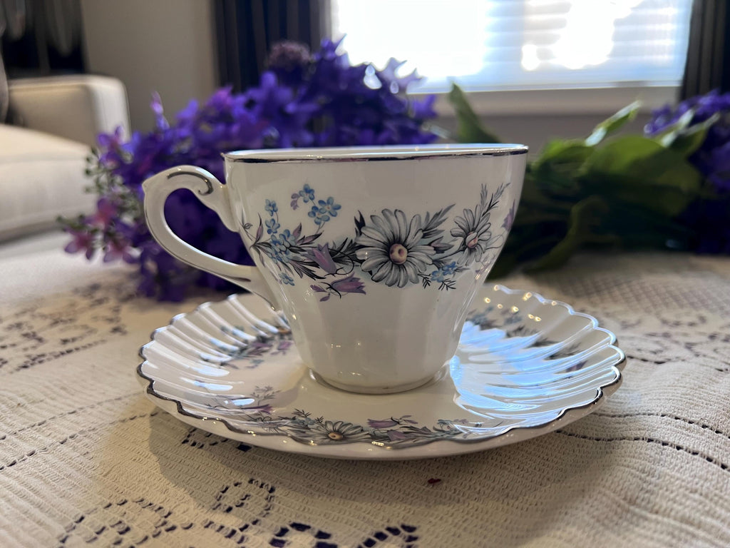 Vintage J&G Meakin Teacup and Saucer Set – Blue Floral English Ironstone (Set of 2)