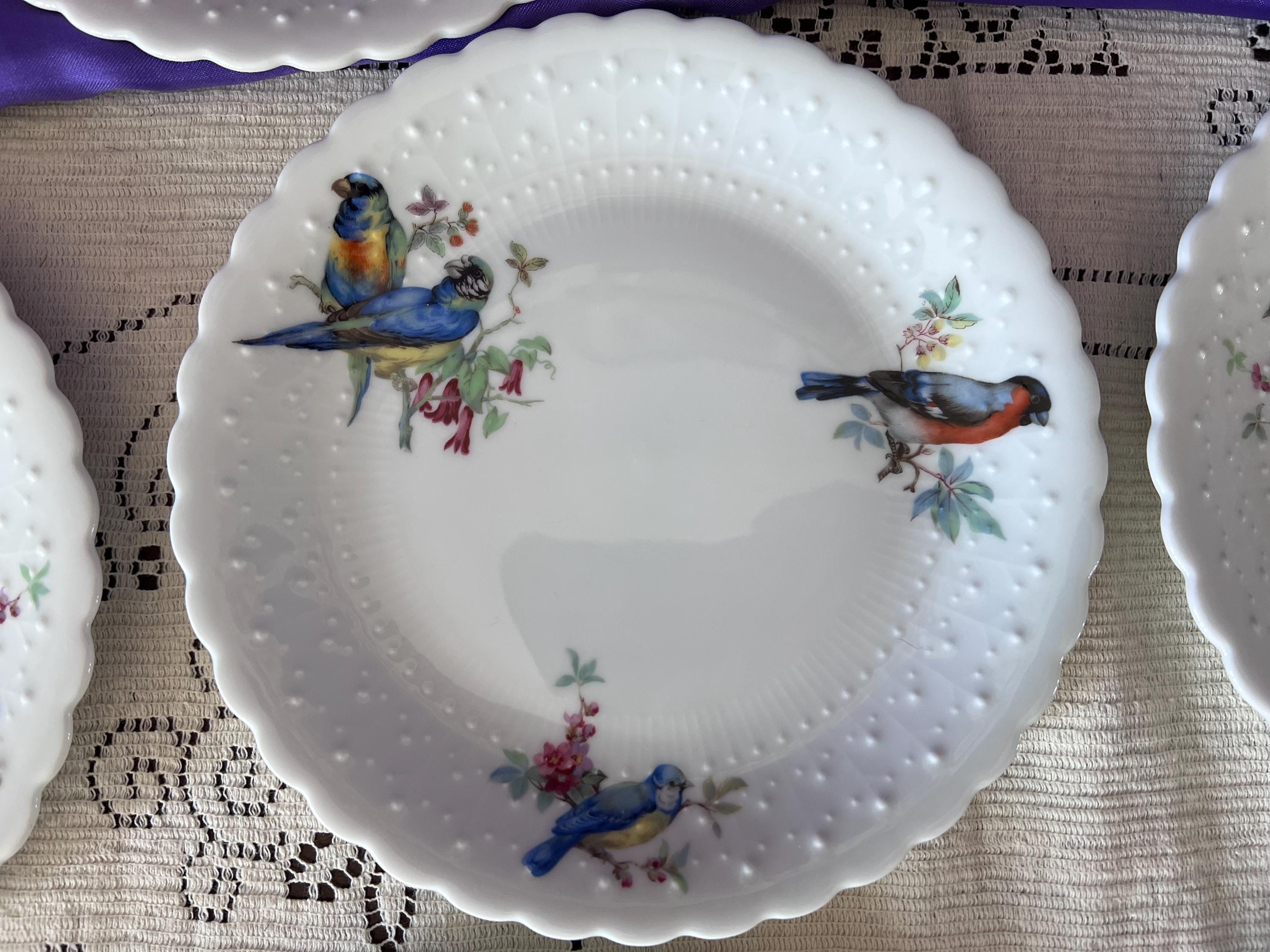 Set of 14 Georges Boyer Limoges Bird Plates | French Porcelaine Dure Dessert Set