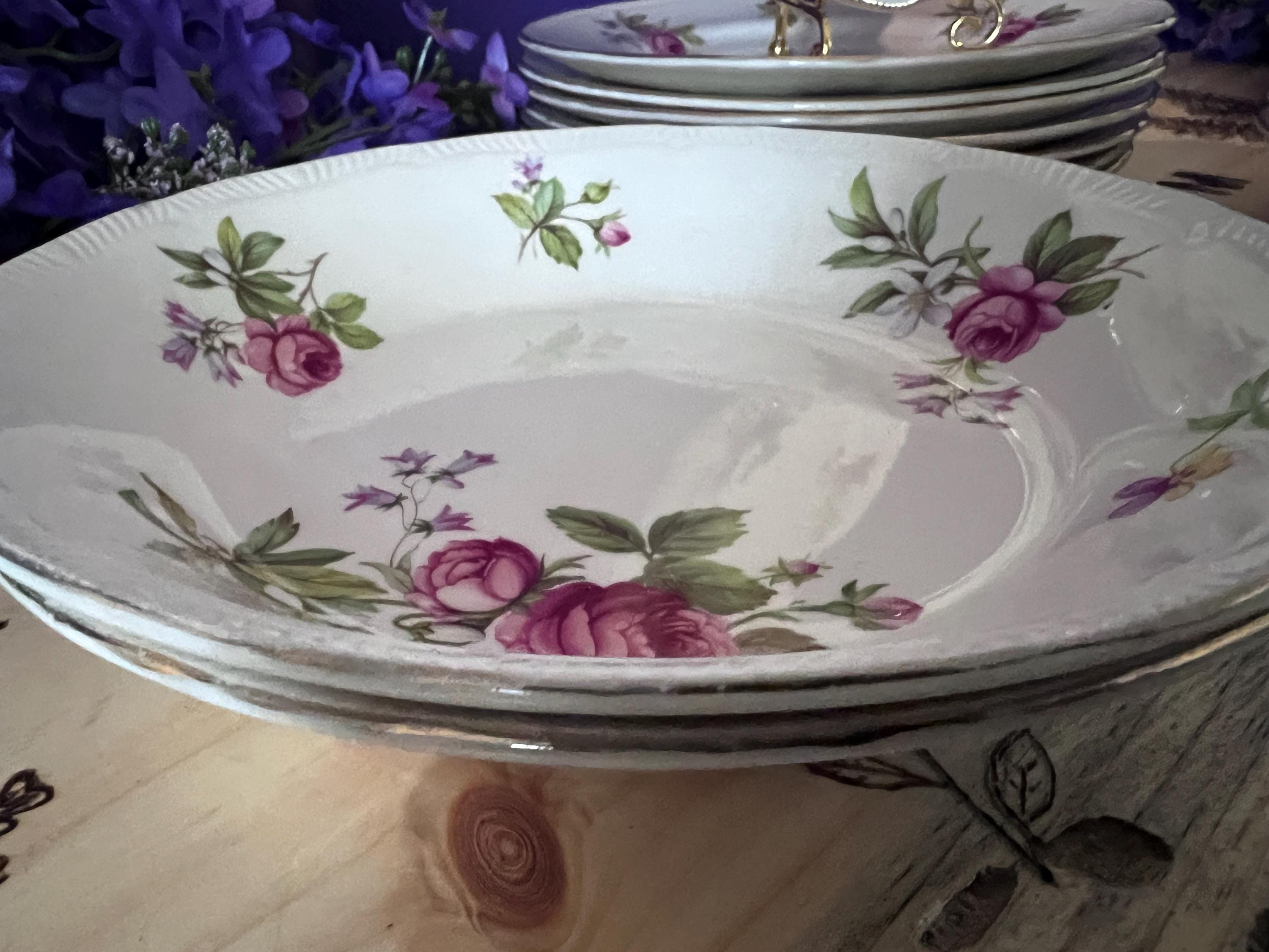 Vintage Ridgway Summer Glory Ironstone Set – Pink Cabbage Rose & Bluebells – Made in Staffordshire England – 22kt Gold Trim