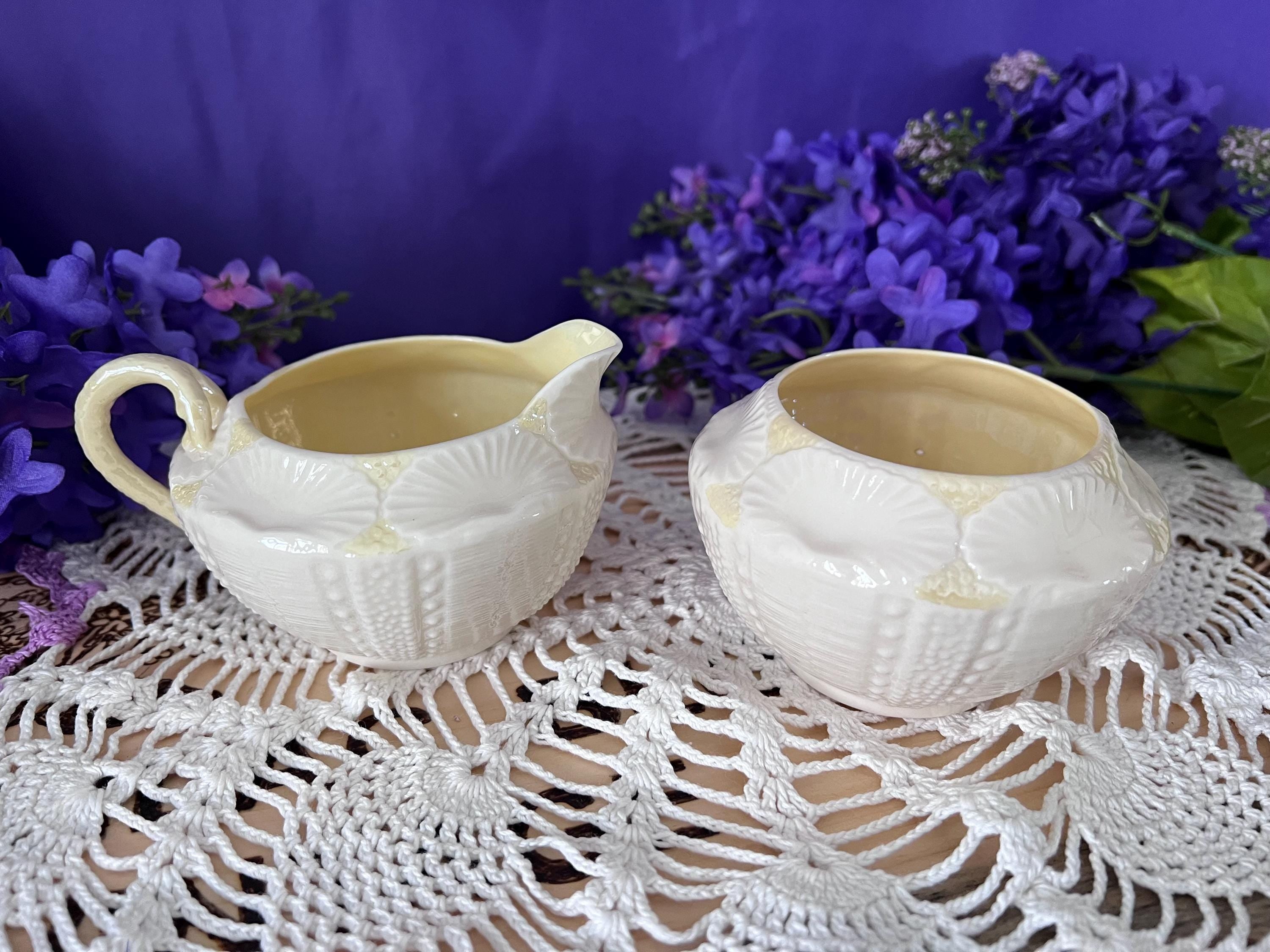 Vintage Belleek Ireland Tridacna Creamer and Sugar Set - 6th Green Mark 1965-1980 - Irish Parian China Shell Pattern - Yellow Lustre Trim