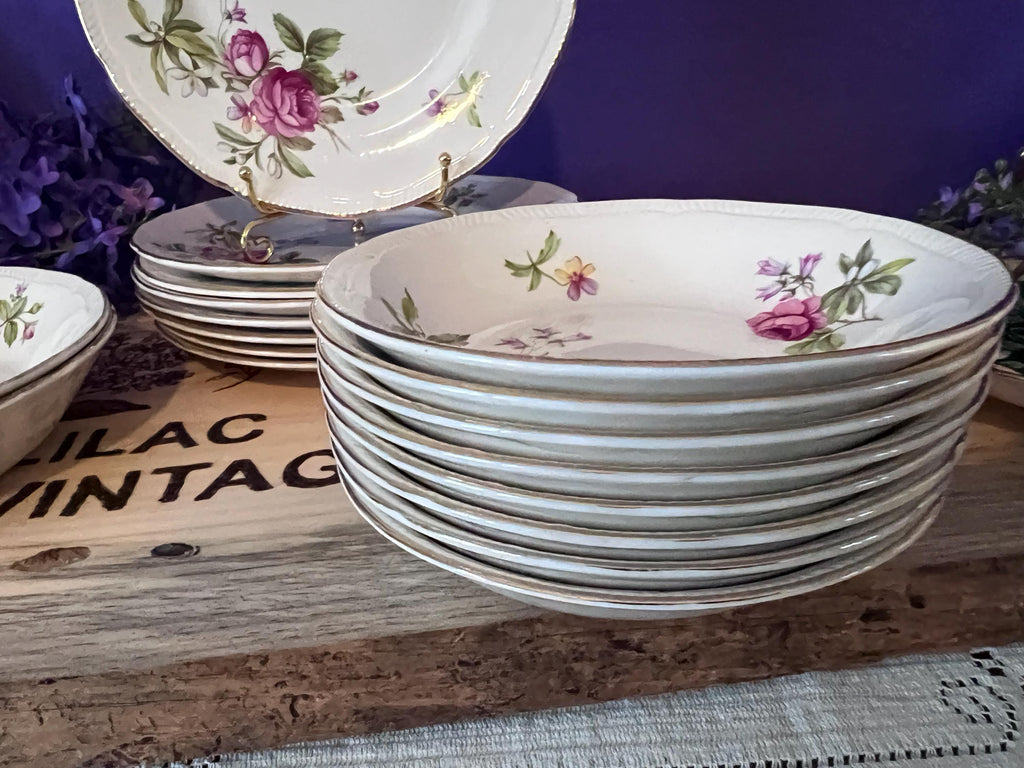 Vintage Ridgway Summer Glory Ironstone Set – Pink Cabbage Rose & Bluebells – Made in Staffordshire England – 22kt Gold Trim