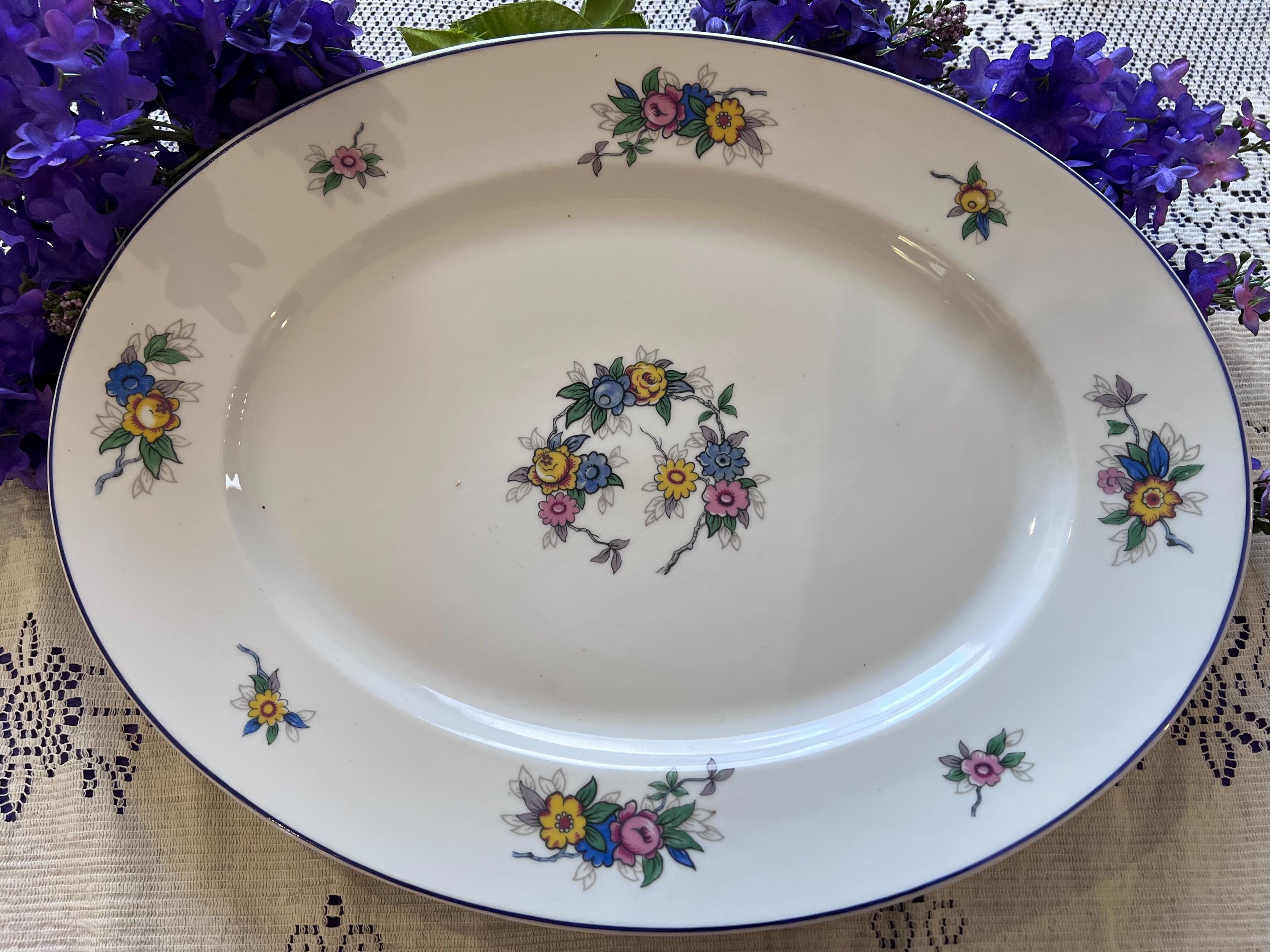Antique Bernardaud Limoges Oval Platter - B Co France - Floral Wreath & Blue Rim  C. 1900