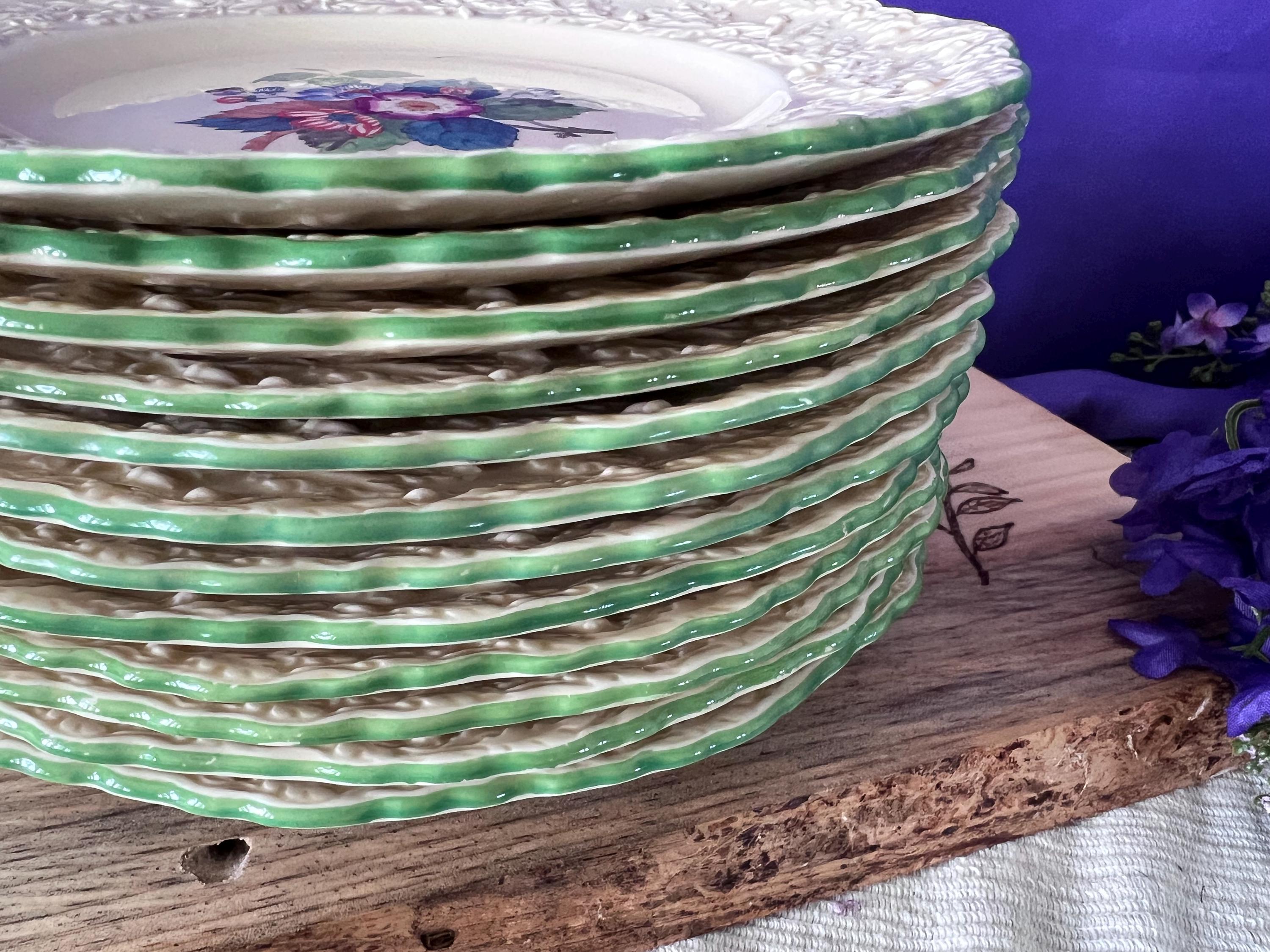 Set of 12 Mason’s Patent Ironstone Lunch Plates - Fruit Basket C2691 - Embossed Oak Leaf Border - English Vintage China