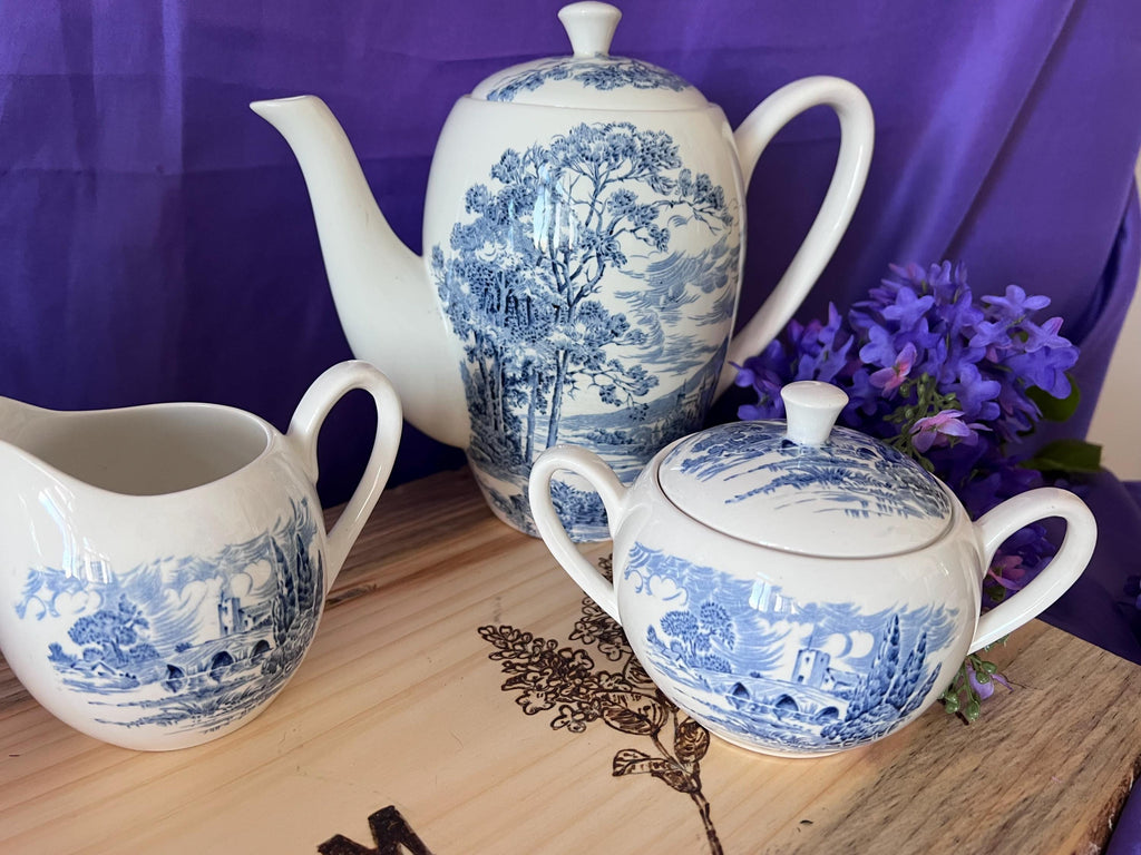 Rare Enoch Wedgwood Countryside Blue Transferware - Complete 65 -Piece Dinner Service for 12 - English Ironstone