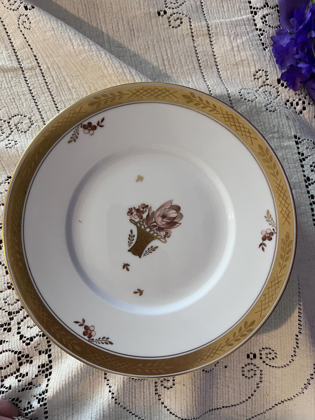 Vintage Royal Copenhagen Porcelain Plates | Set of 8 | Gilded Flower Basket