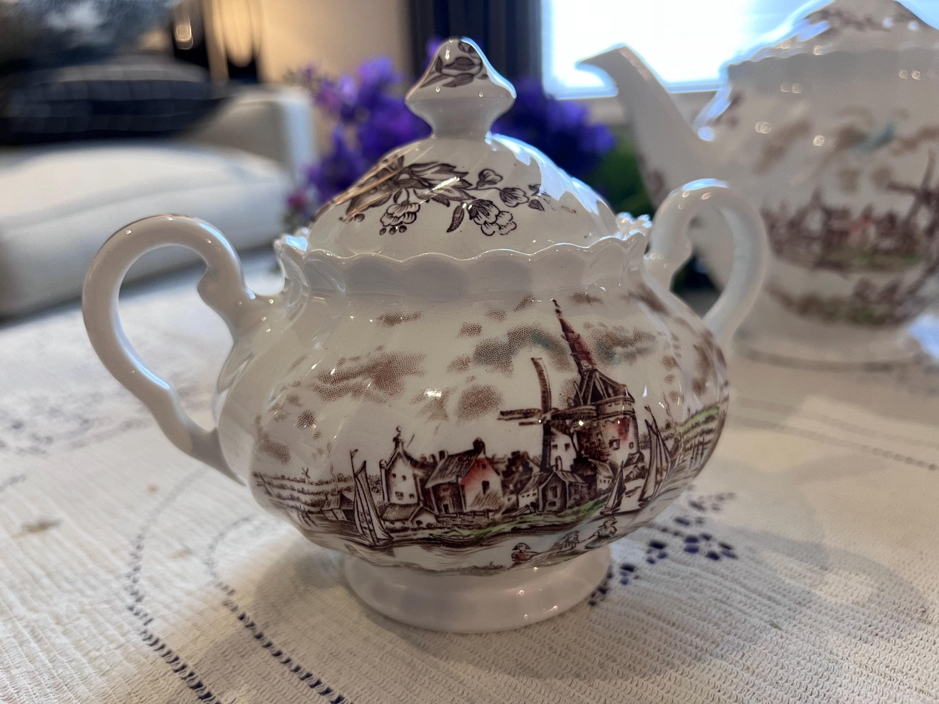 Rare Johnson Brothers Tulip Time Teapot Set | Brown Transferware, Made in England