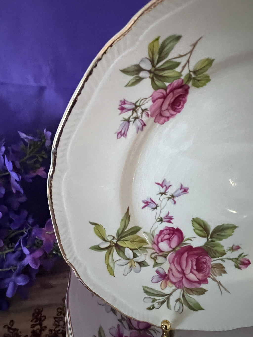Vintage Ridgway Summer Glory Ironstone Set – Pink Cabbage Rose & Bluebells – Made in Staffordshire England – 22kt Gold Trim
