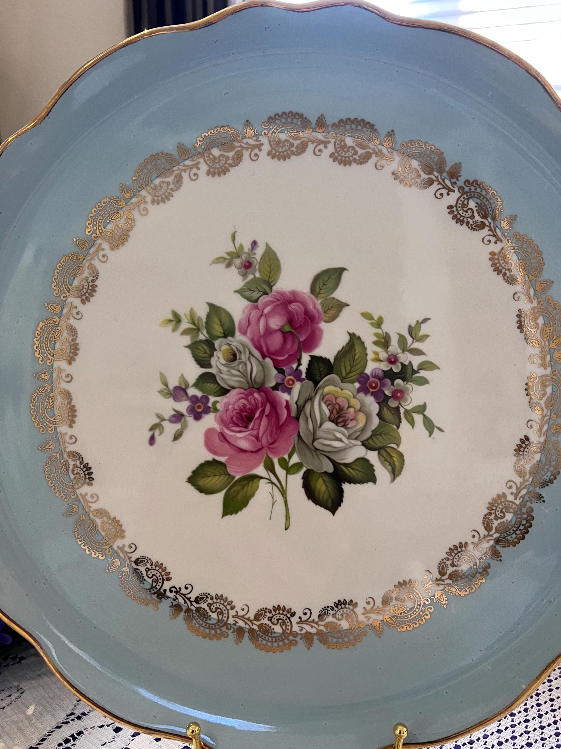 Vintage Old Foley Harmony Rose Cake Plate – Blue Border, Gold Filigree, Scalloped Serving Platter