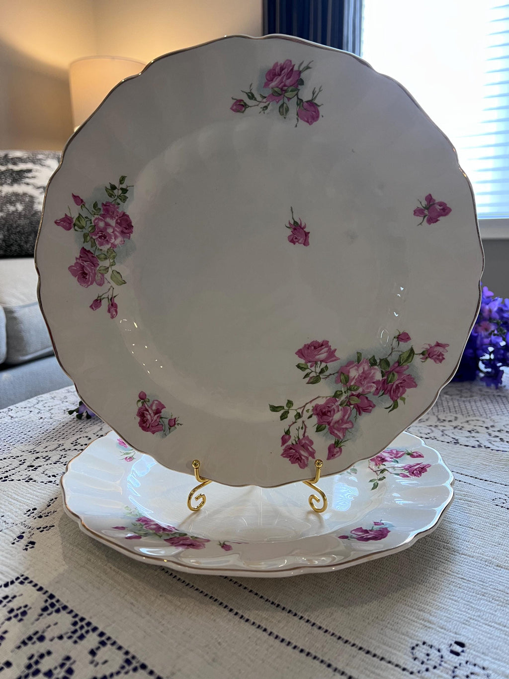 Antique Johnson Brothers Old Chelsea Pink Rose for Four – Scalloped Swirl Plates and Bowls