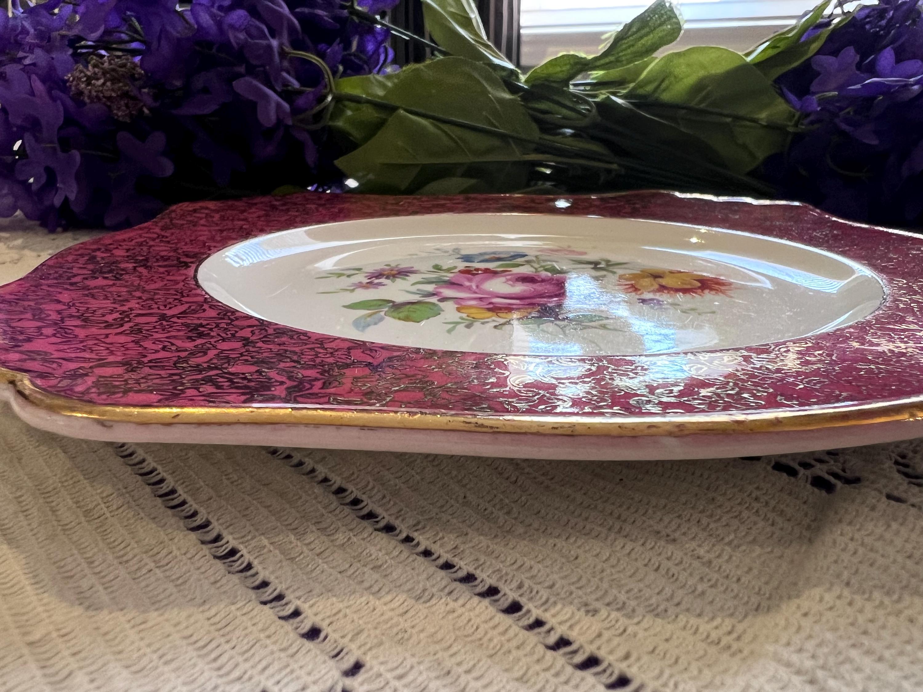 Royal Winton Grimwades Claret Gold Chintz Square Plate | Hand-Painted Floral Center, Filigree Border