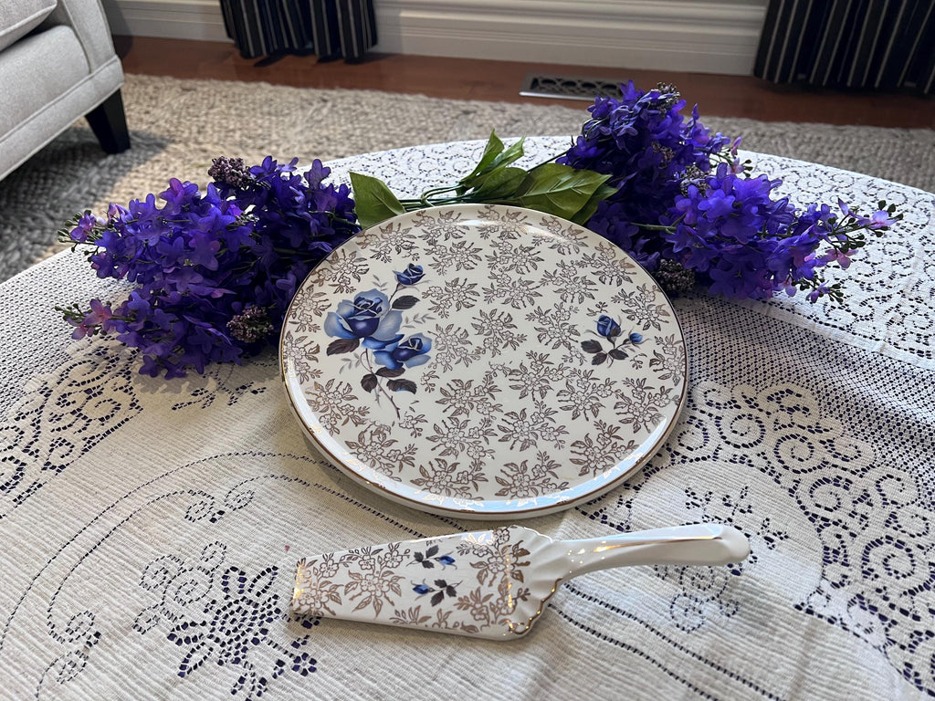 Vintage H. Aynsley Blue Rose Chintz Cake Plate Server Set | Staffordshire England 1950s