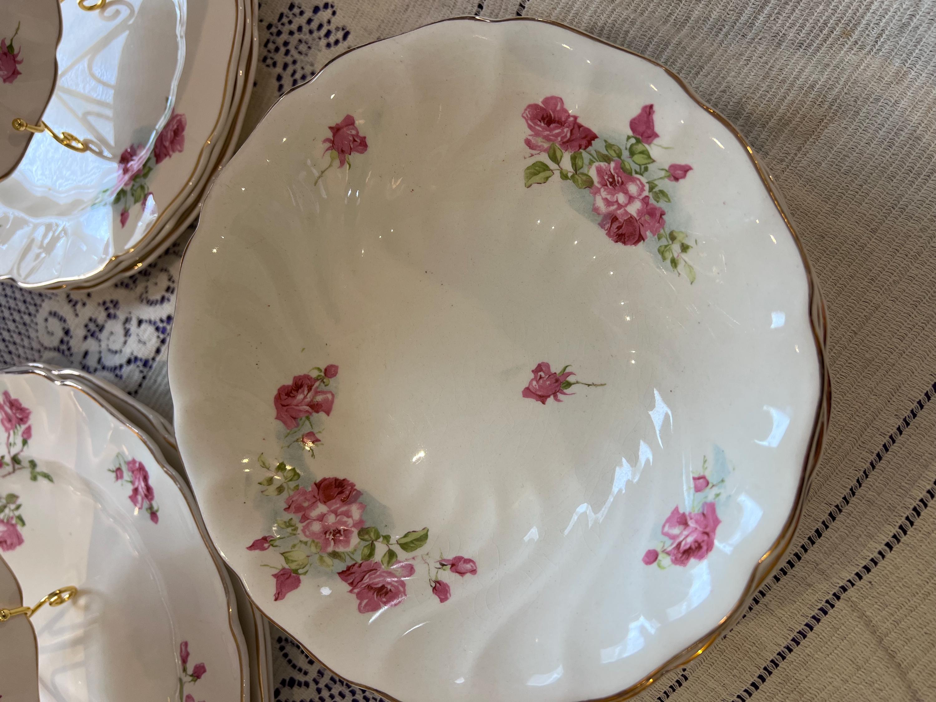 Antique Johnson Bros Old Chelsea Serving Set – Pink Rosebud Tureen, Platter, Gravy Boat