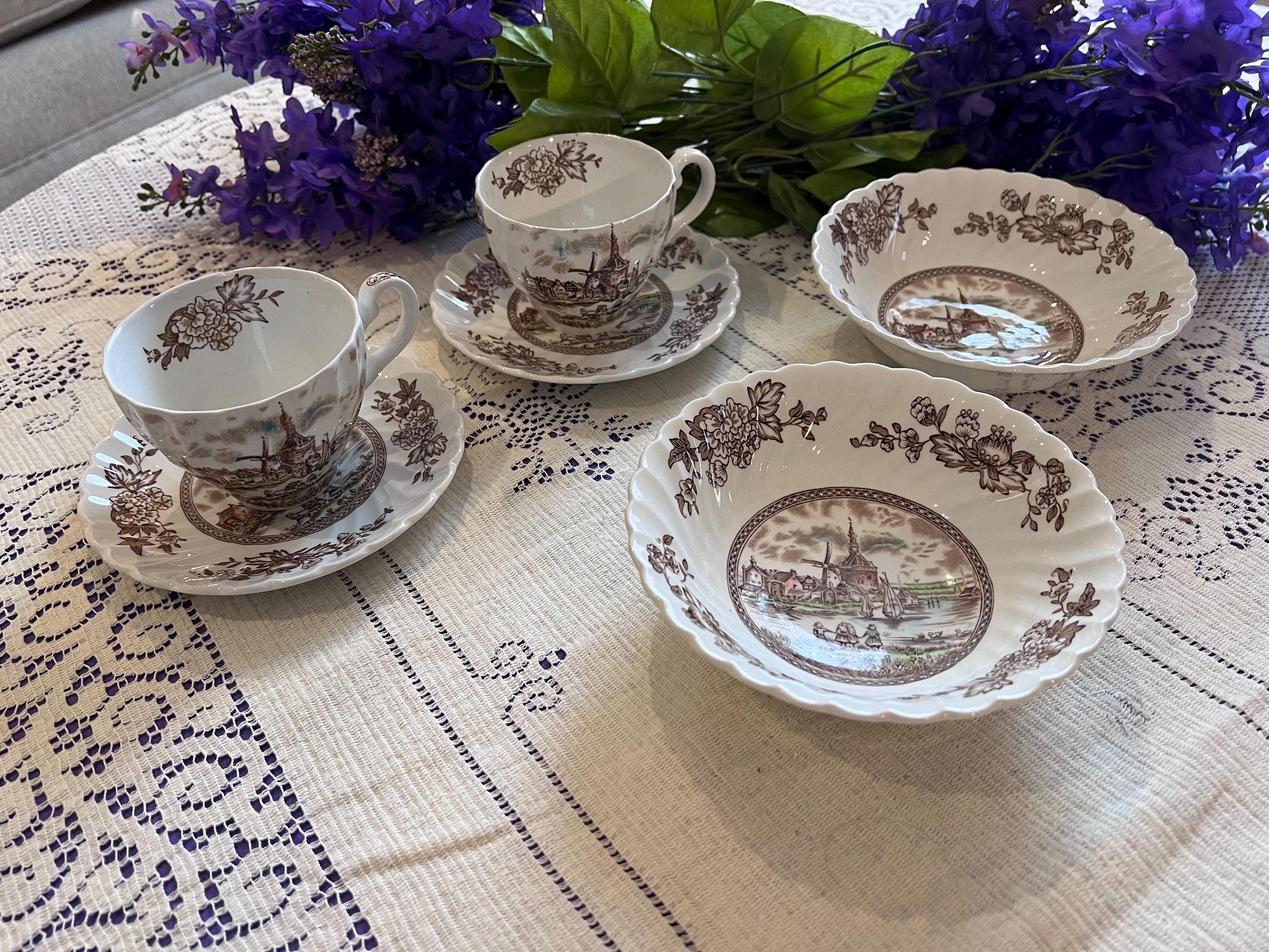 Johnson Brothers Tulip Time Breakfast Set | Brown Transferware Mugs, Saucers, Bowls