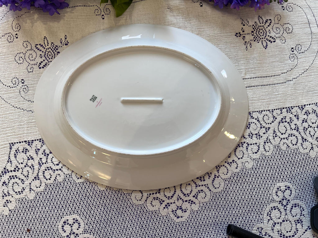 Antique Bernardaud Limoges Oval Platter - B Co France - Floral Wreath & Blue Rim  C. 1900