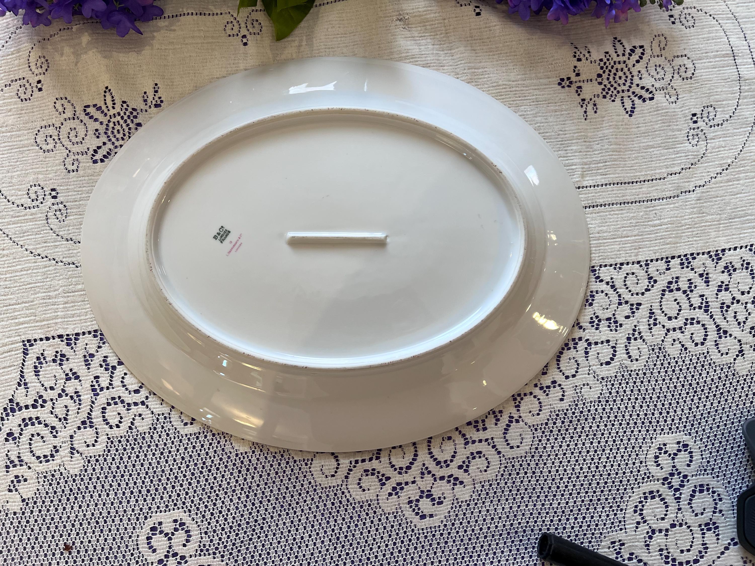 Antique Bernardaud Limoges Oval Platter - B Co France - Floral Wreath & Blue Rim  C. 1900
