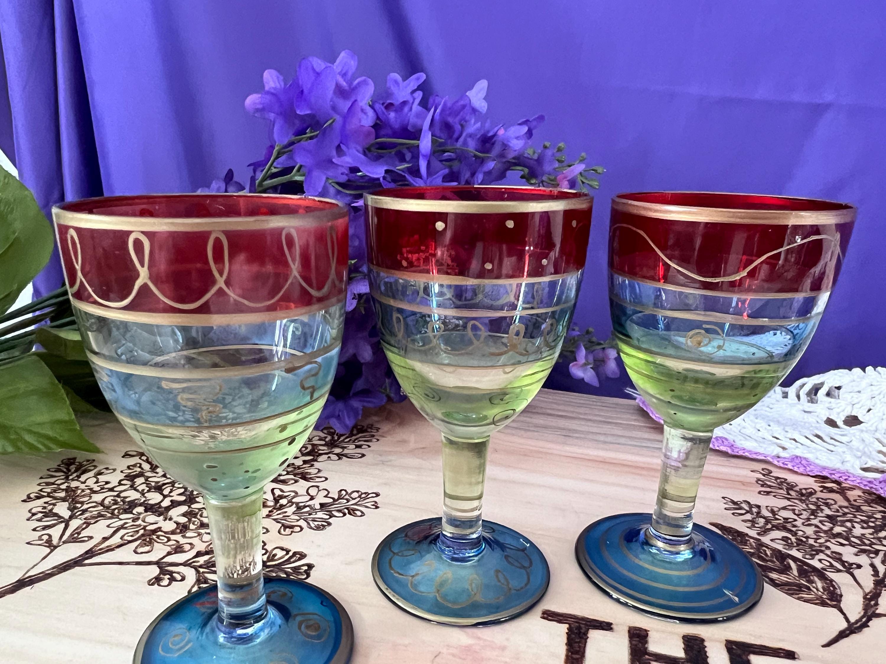 Vintage Hand-Painted Cordial Glasses - Set of 3 - Bold Primary Bands & Gold Scrollwork