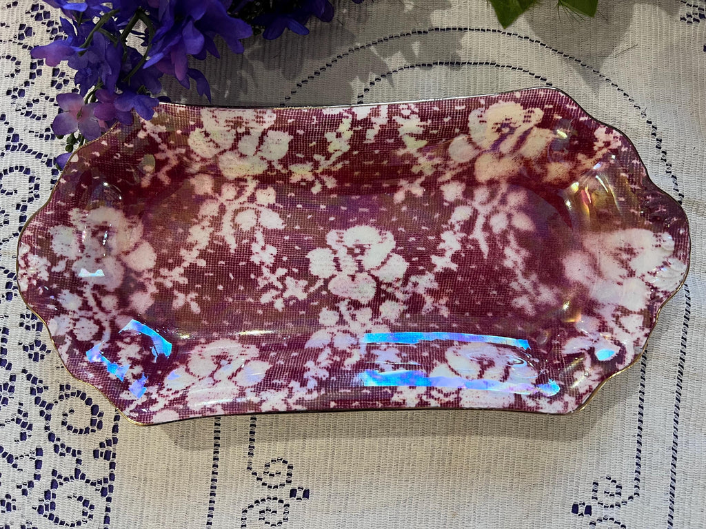 Vintage Royal Winton Maroon Lace Chintz Tray | Iridescent Lusterware Dish Made England
