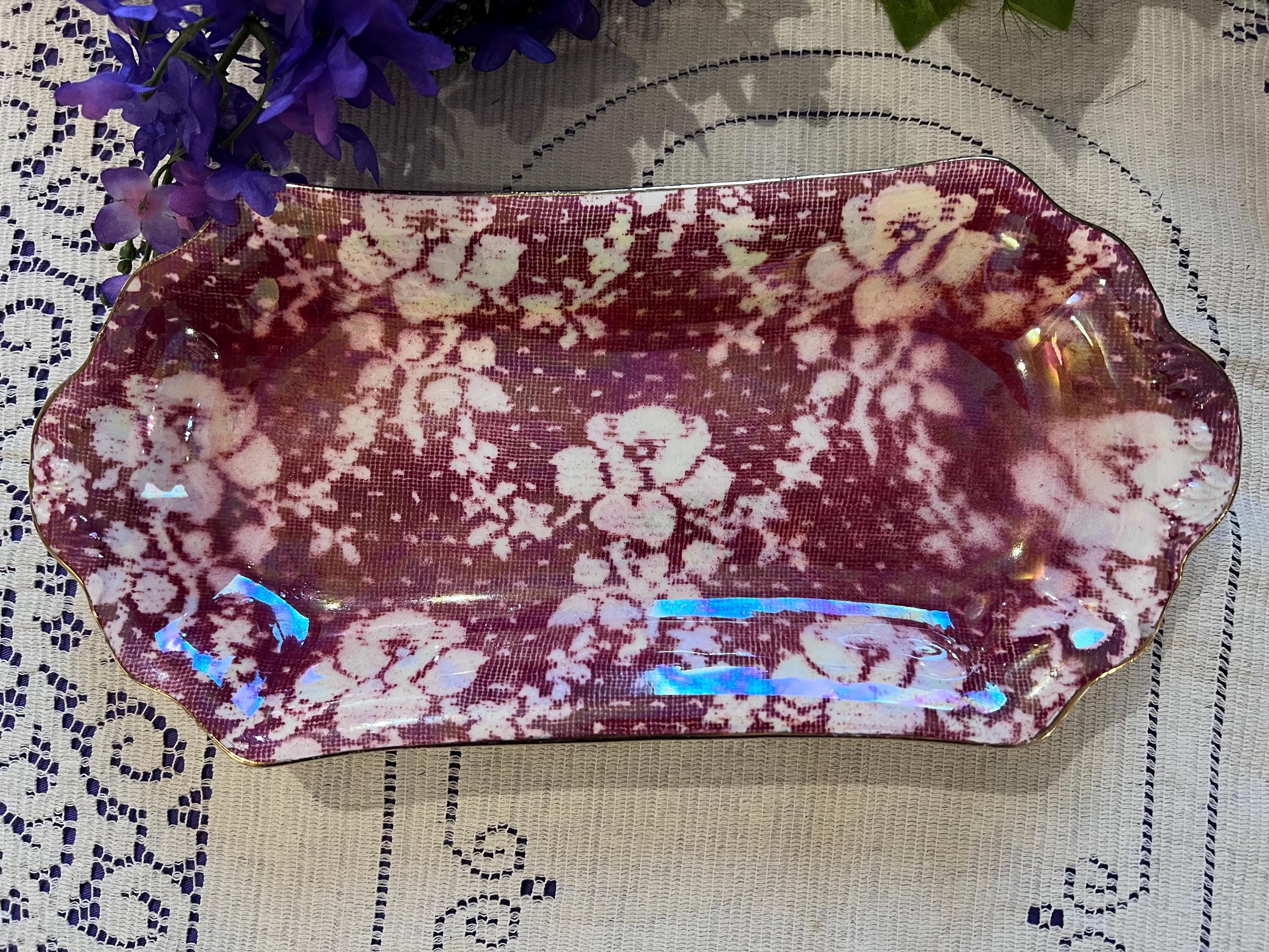 Vintage Royal Winton Maroon Lace Chintz Tray | Iridescent Lusterware Dish Made England