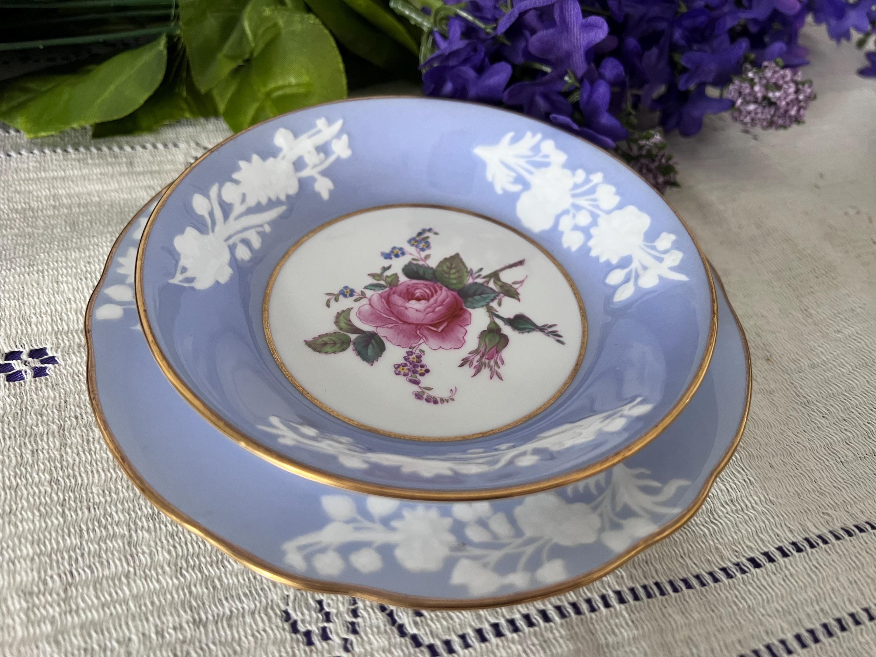 Pristine Spode Copeland "Maritime Rose" Dessert Service | Rare Periwinkle & Jewel-Embossed Fine Bone China
