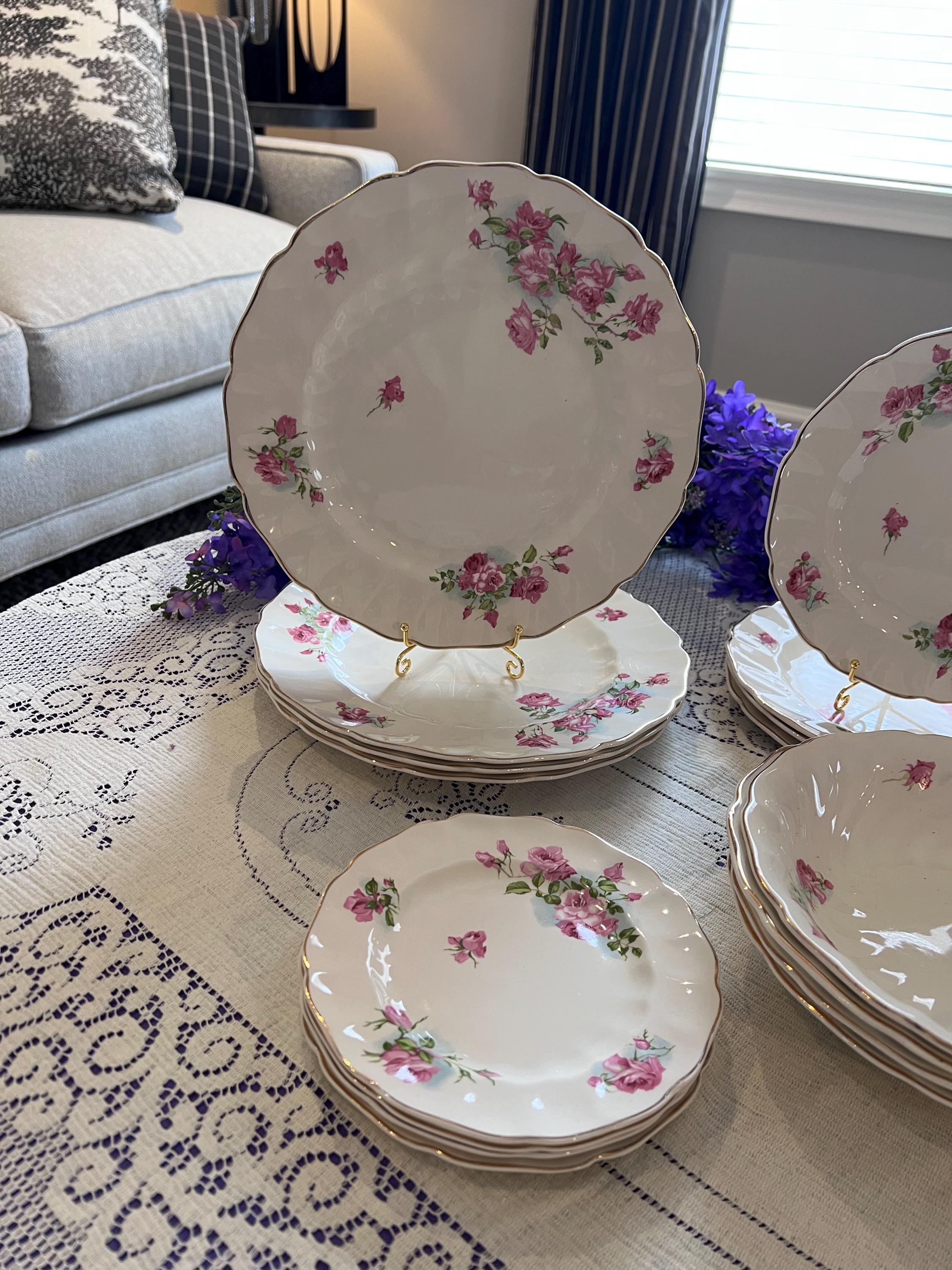 Antique Johnson Brothers Old Chelsea Pink Rose for Four – Scalloped Swirl Plates and Bowls