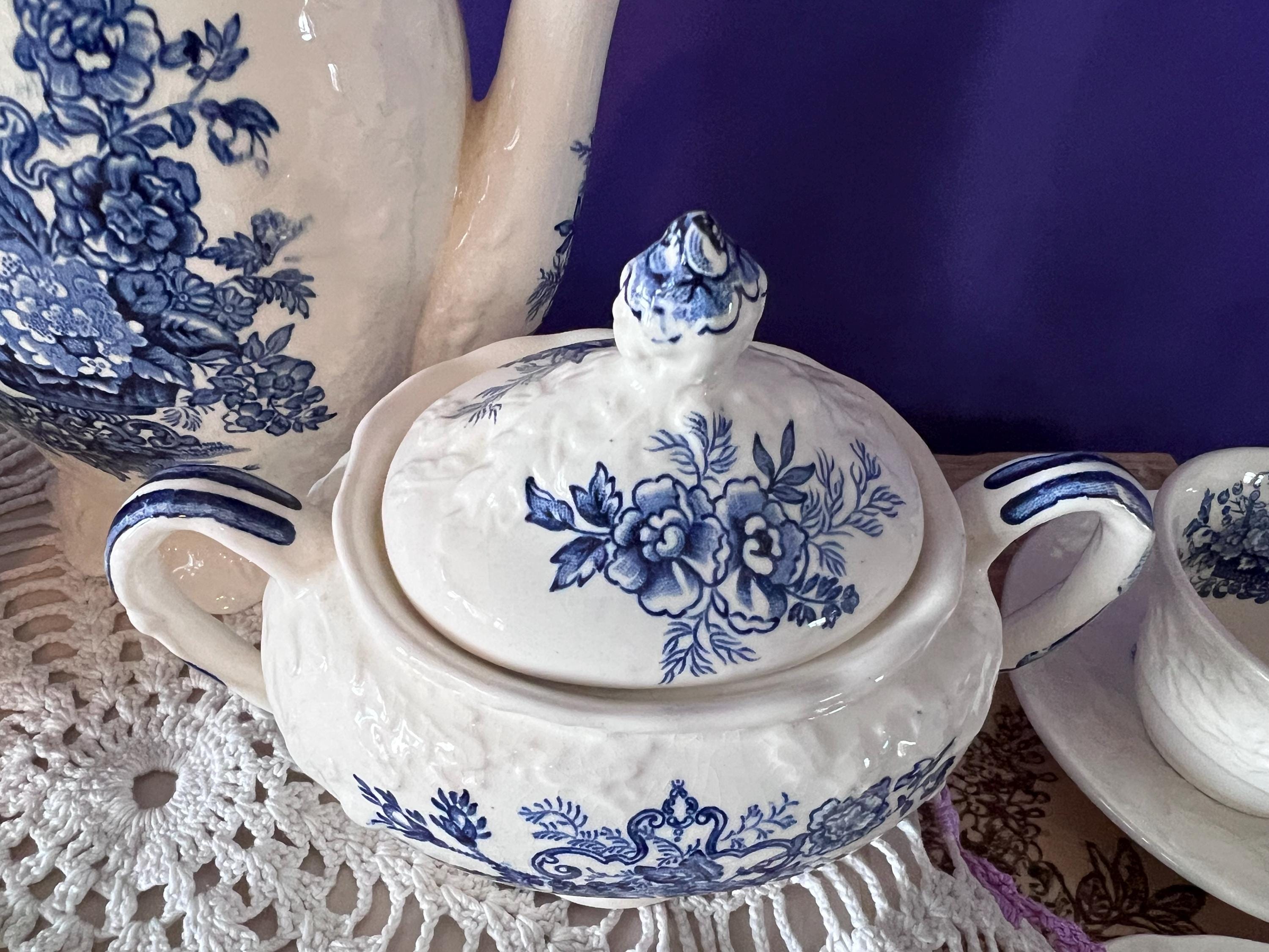 Vintage Mason’s "Ascot on Oak" Blue Transferware Tea Set - Teapot, Creamer, Sugar Bowl, and 6 Cup/Saucer Sets - Made in England