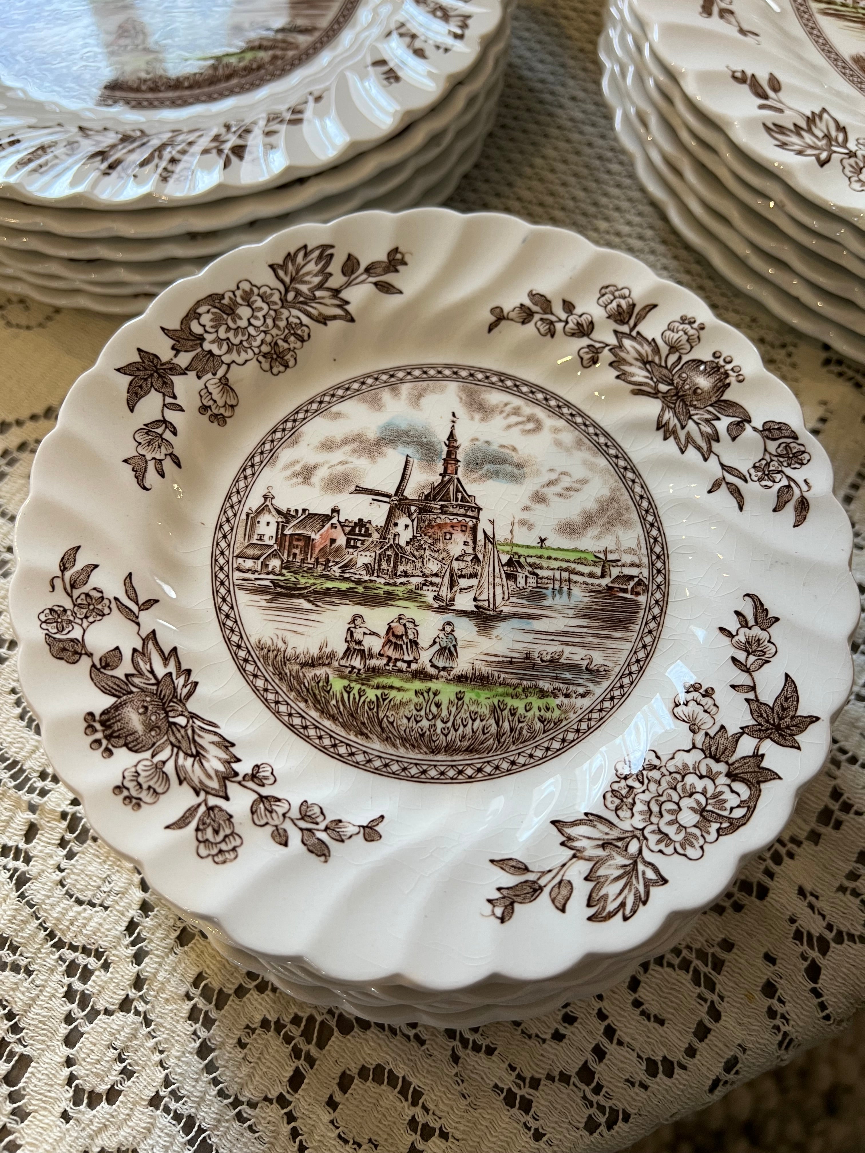 Johnson Brothers Tulip Time Brown Plates, Bowls, Cups Saucers | Made England
