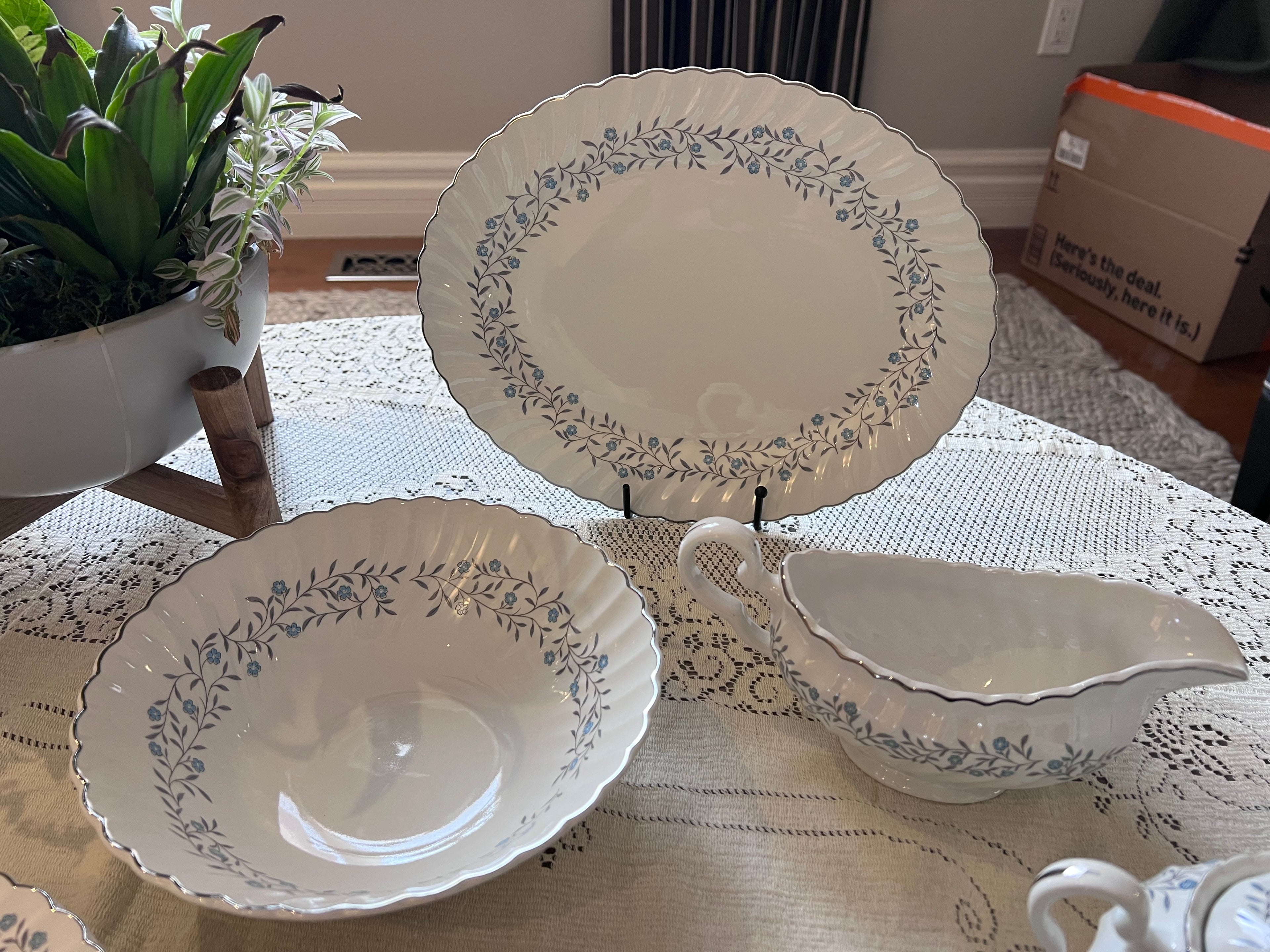 Johnson Brothers Waldorf Blue Floral Dinnerware | Regency Ironstone China, Platinum Trim