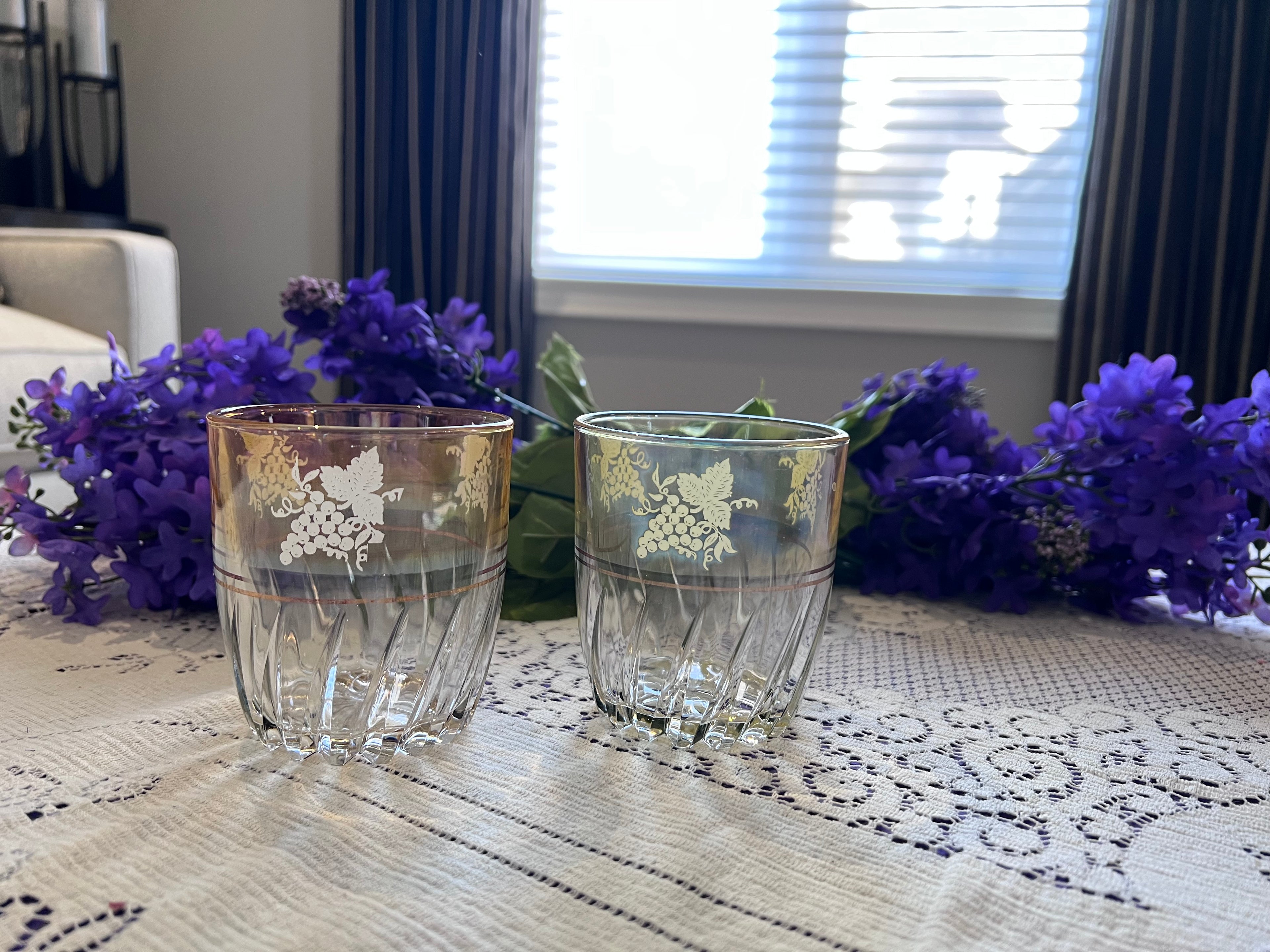 Vintage Federal Glass Grape & Leaf Rocks Glasses - Set of 2 - Gold Ombre Swirl Base - Mid-Century Modern Barware - The Lilac Bloom