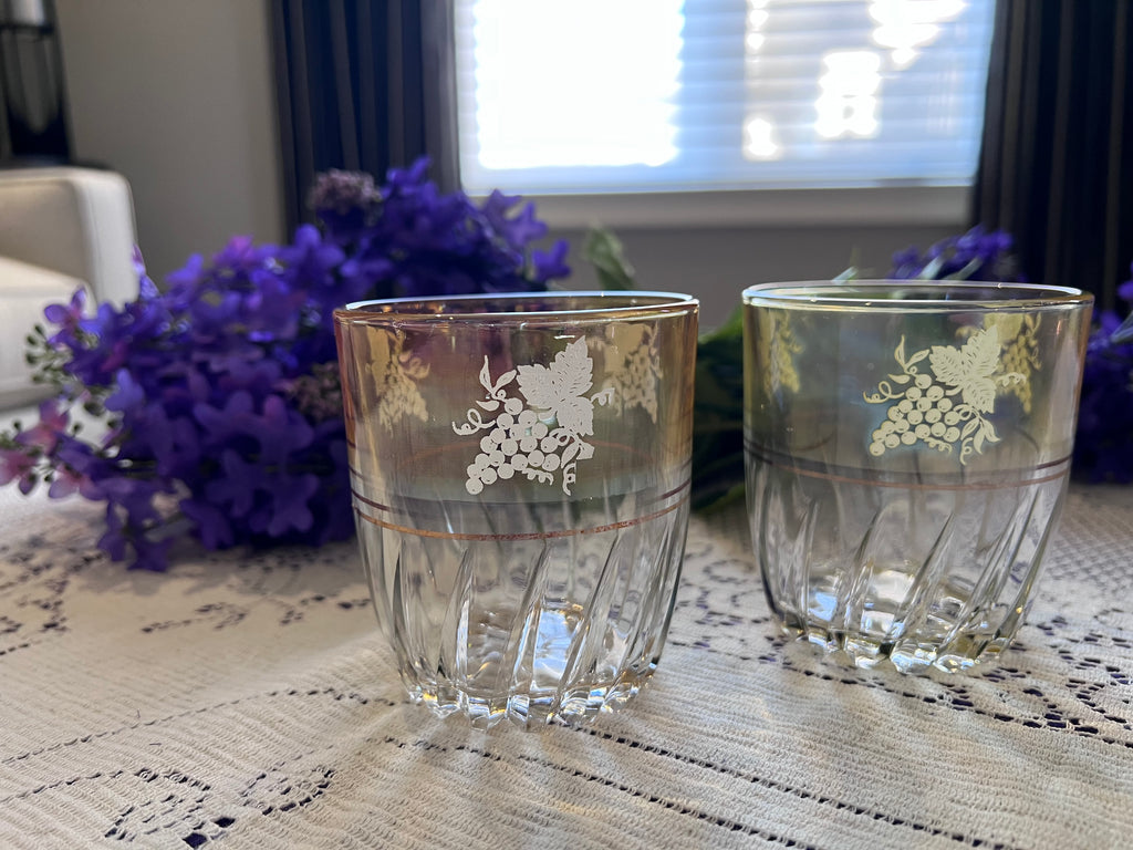 Vintage Federal Glass Grape & Leaf Rocks Glasses - Set of 2 - Gold Ombre Swirl Base - Mid-Century Modern Barware - The Lilac Bloom