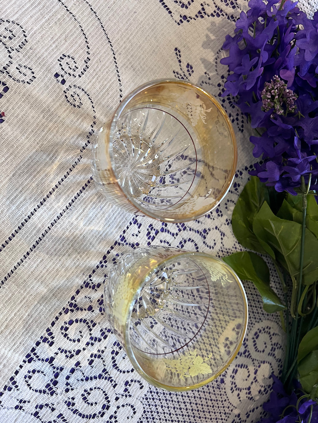Vintage Federal Glass Grape & Leaf Rocks Glasses - Set of 2 - Gold Ombre Swirl Base - Mid-Century Modern Barware - The Lilac Bloom