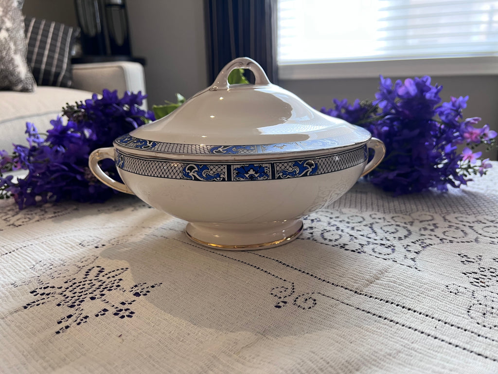 Antique Swinnertons Hampton Ivory Vegetable Tureen | Art Deco Cobalt Blue & Black Geometric Latticework | English Ironstone Serving Dish