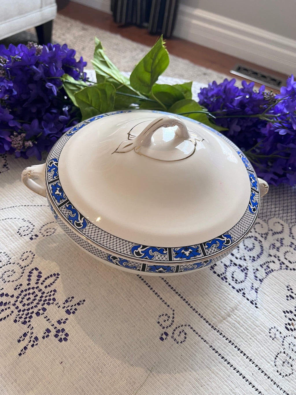 Antique Swinnertons Hampton Ivory Vegetable Tureen | Art Deco Cobalt Blue & Black Geometric Latticework | English Ironstone Serving Dish