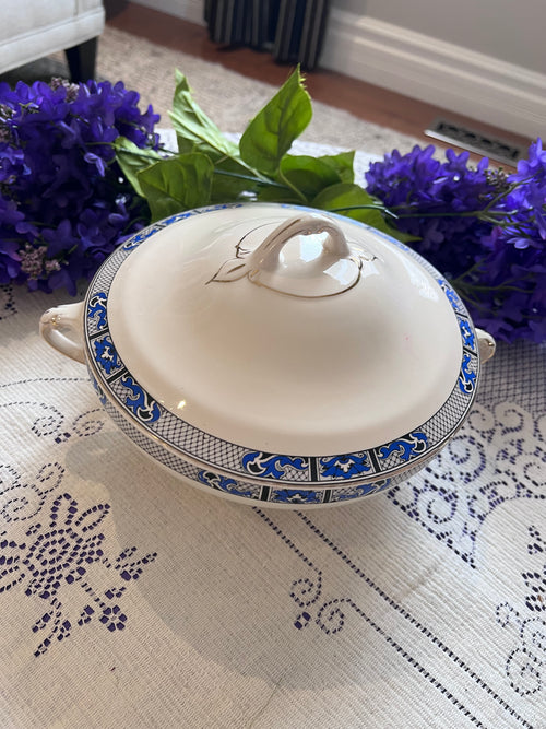 Antique Swinnertons Hampton Ivory Vegetable Tureen | Art Deco Cobalt Blue & Black Geometric Latticework | English Ironstone Serving Dish
