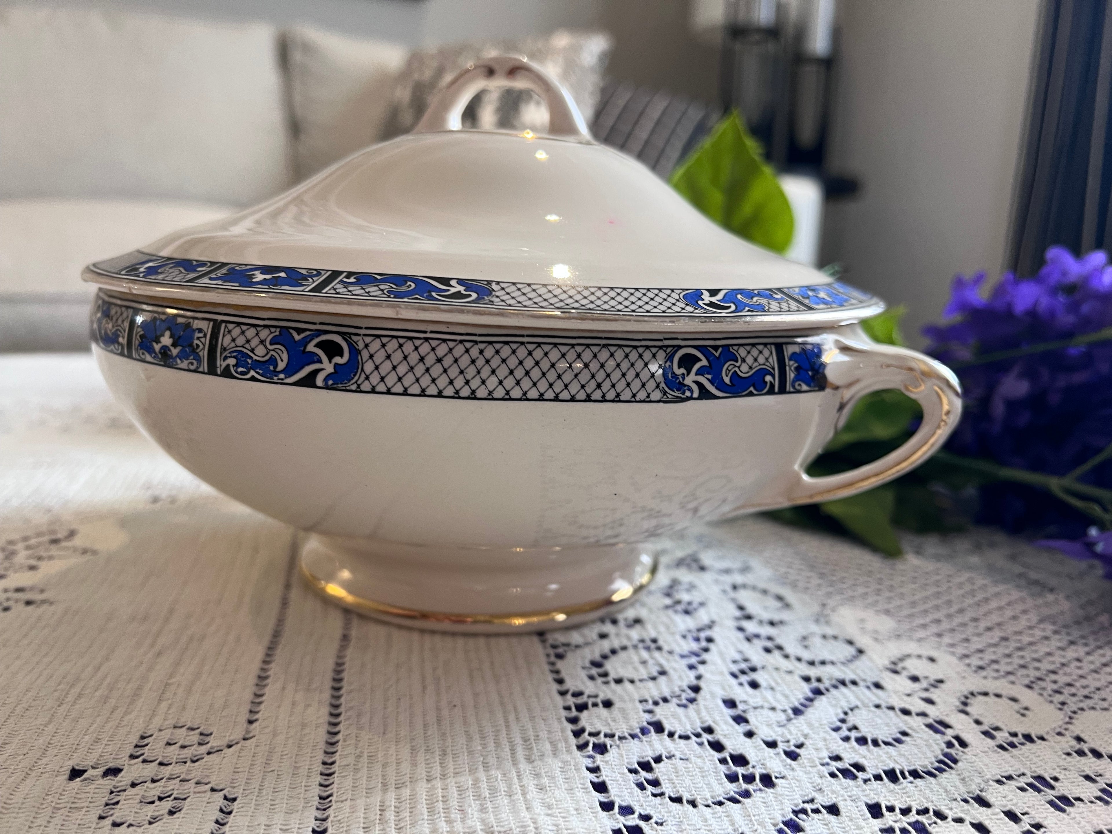 Antique Swinnertons Hampton Ivory Vegetable Tureen | Art Deco Cobalt Blue & Black Geometric Latticework | English Ironstone Serving Dish