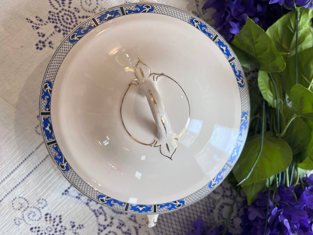 Antique Swinnertons Hampton Ivory Vegetable Tureen | Art Deco Cobalt Blue & Black Geometric Latticework | English Ironstone Serving Dish