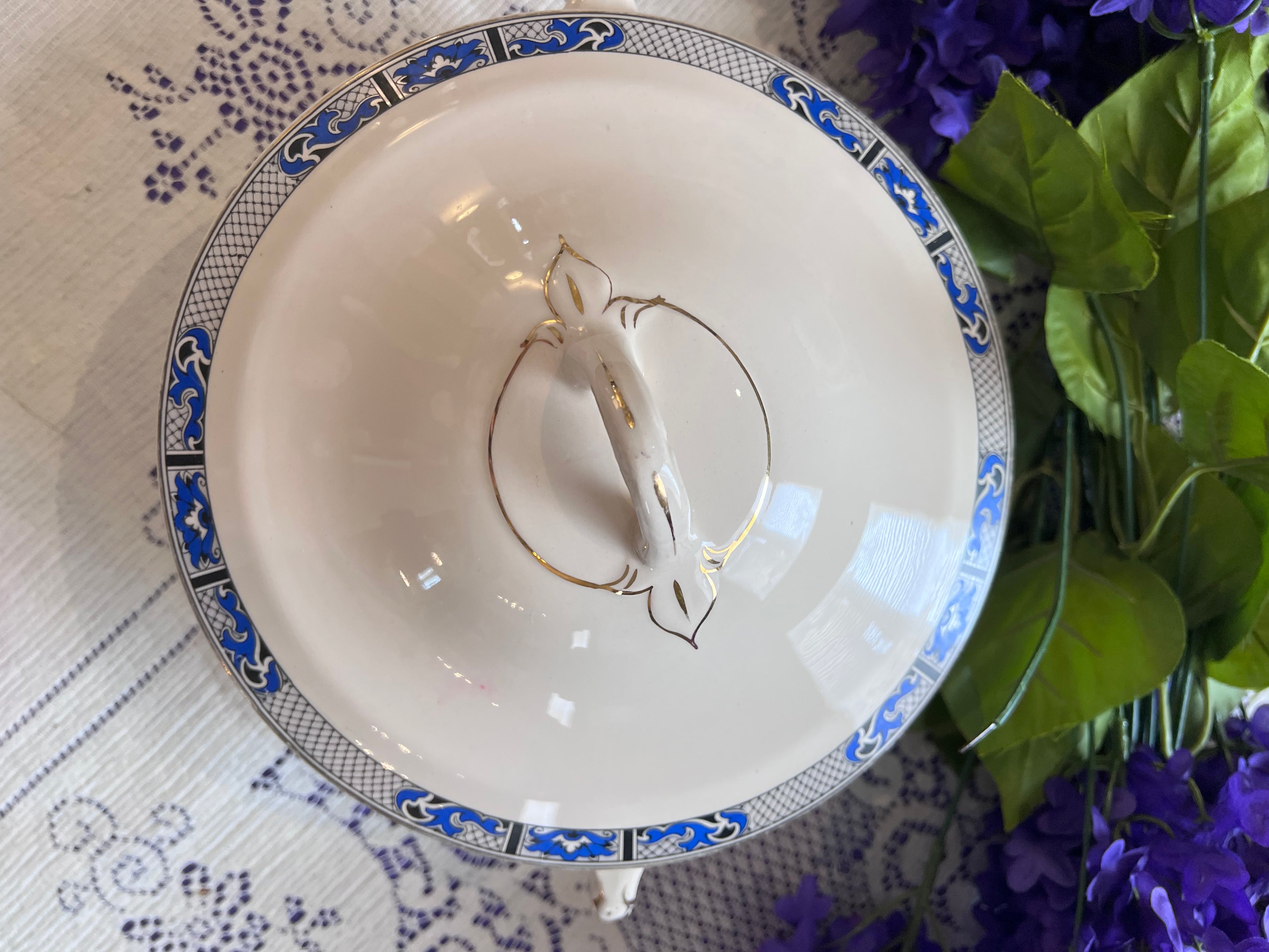 Antique Swinnertons Hampton Ivory Vegetable Tureen | Art Deco Cobalt Blue & Black Geometric Latticework | English Ironstone Serving Dish