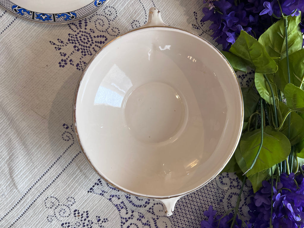 Antique Swinnertons Hampton Ivory Vegetable Tureen | Art Deco Cobalt Blue & Black Geometric Latticework | English Ironstone Serving Dish