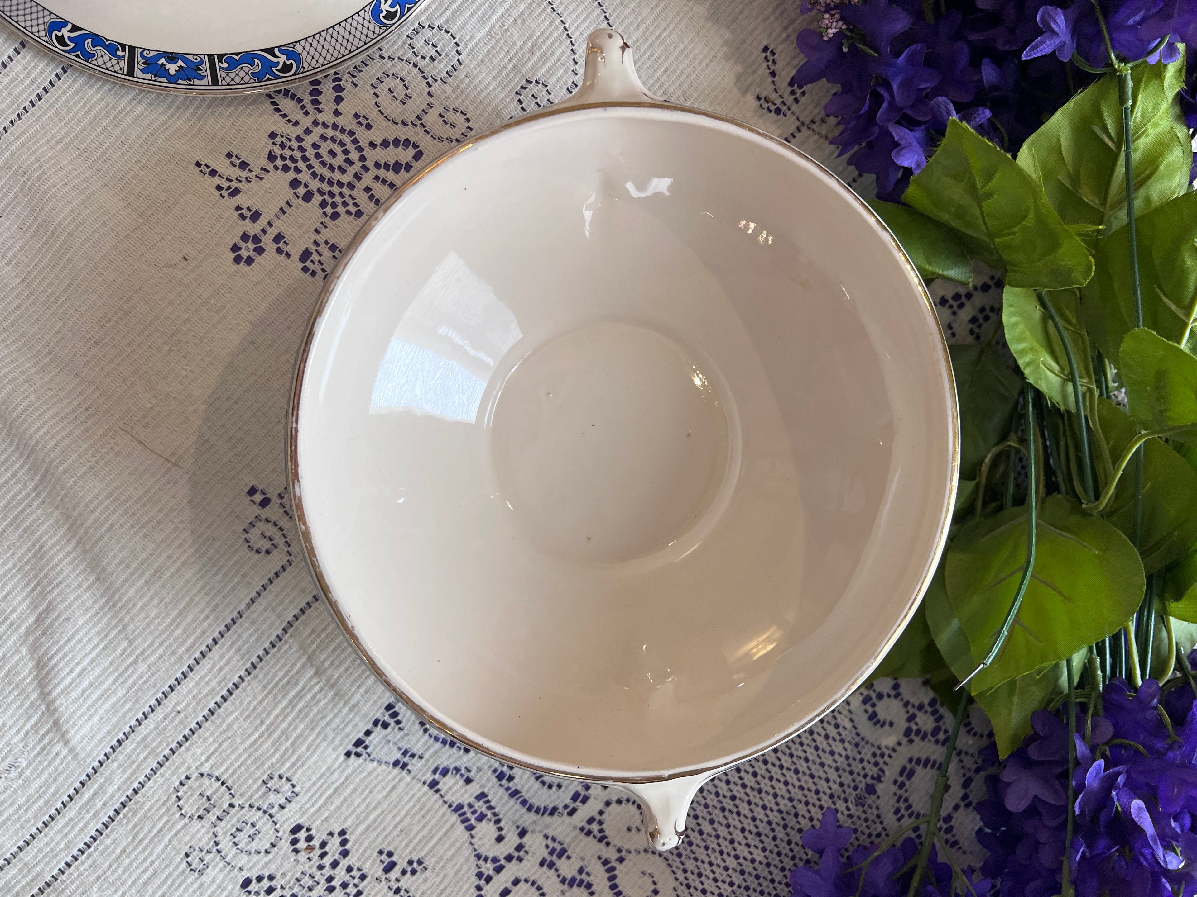 Antique Swinnertons Hampton Ivory Vegetable Tureen | Art Deco Cobalt Blue & Black Geometric Latticework | English Ironstone Serving Dish