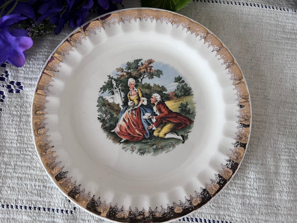 Vintage Courting Couple Dessert Plates – Set of 4, 22K Gold Filigree Ruffled Edge
